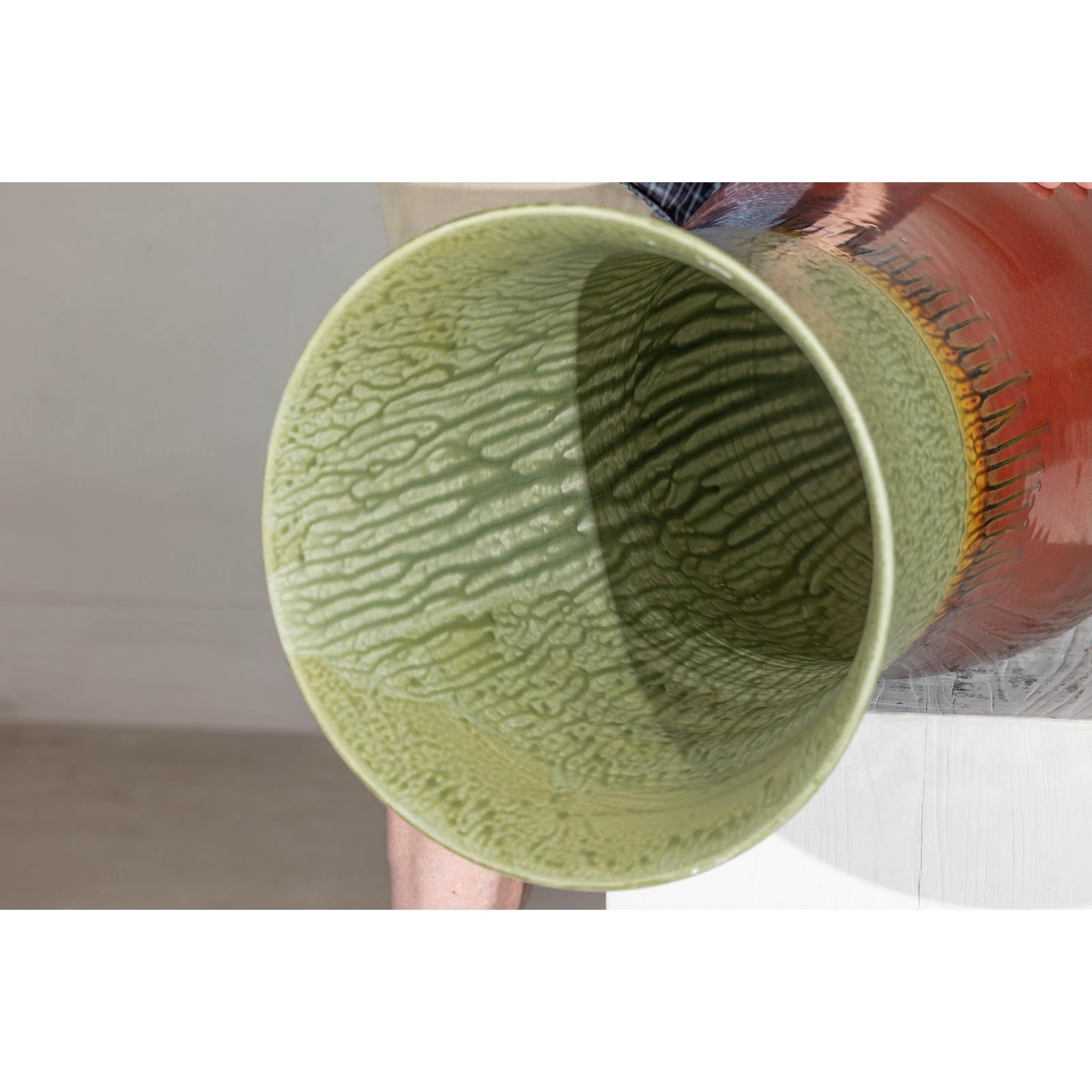 Tall Artisan Hand-Crafted Ceramic Vase with Green Drip Glaze over Red Base