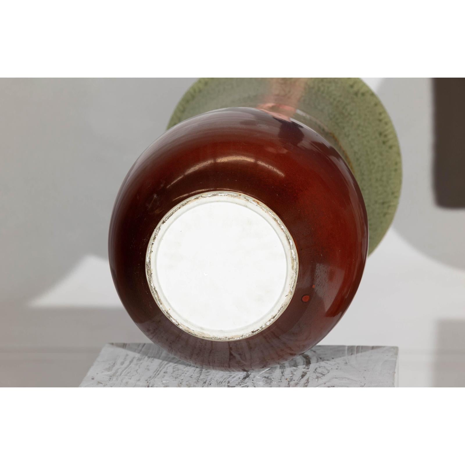 Tall Artisan Hand-Crafted Ceramic Vase with Green Drip Glaze over Red Base