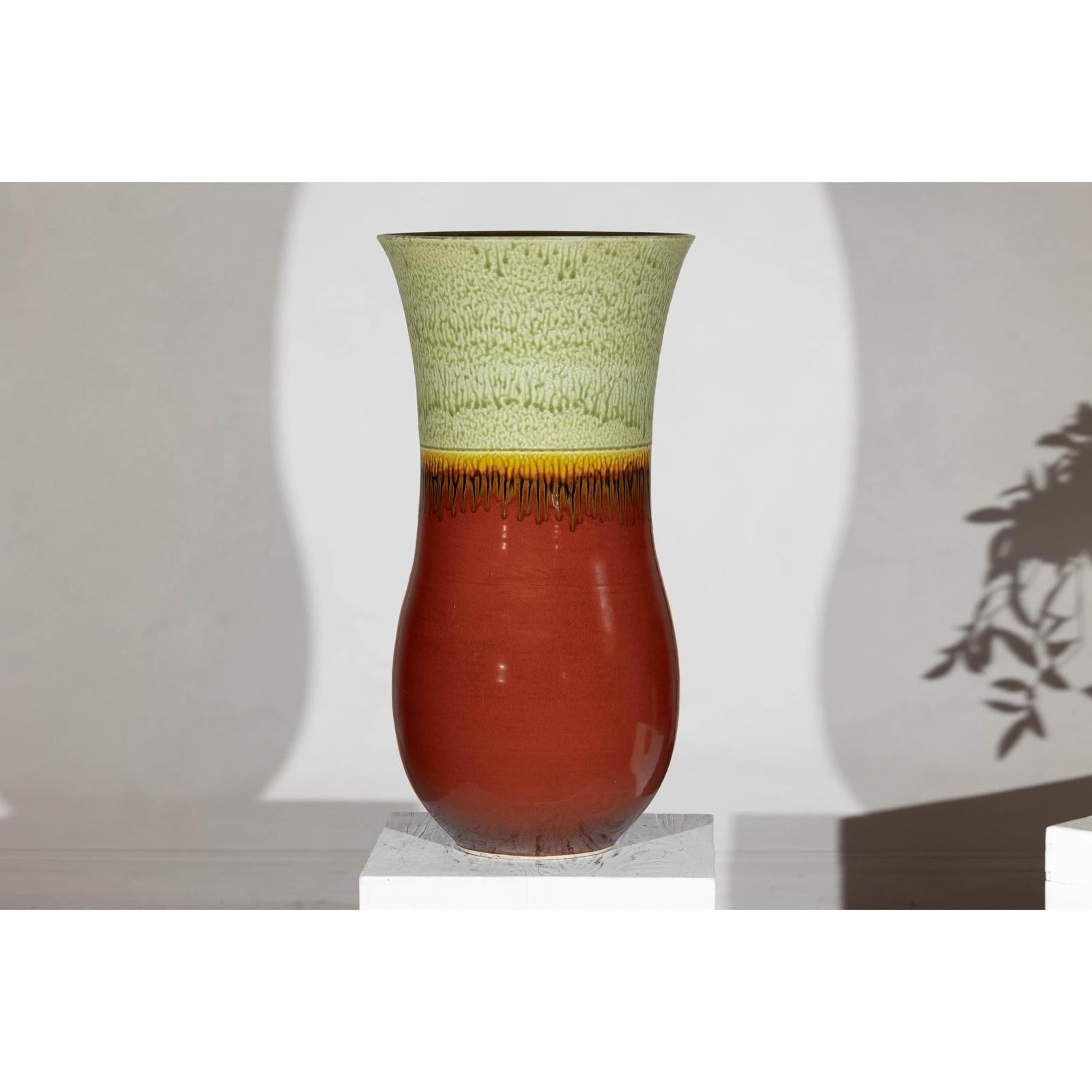 Tall Artisan Hand-Crafted Ceramic Vase with Green Drip Glaze over Red Base
