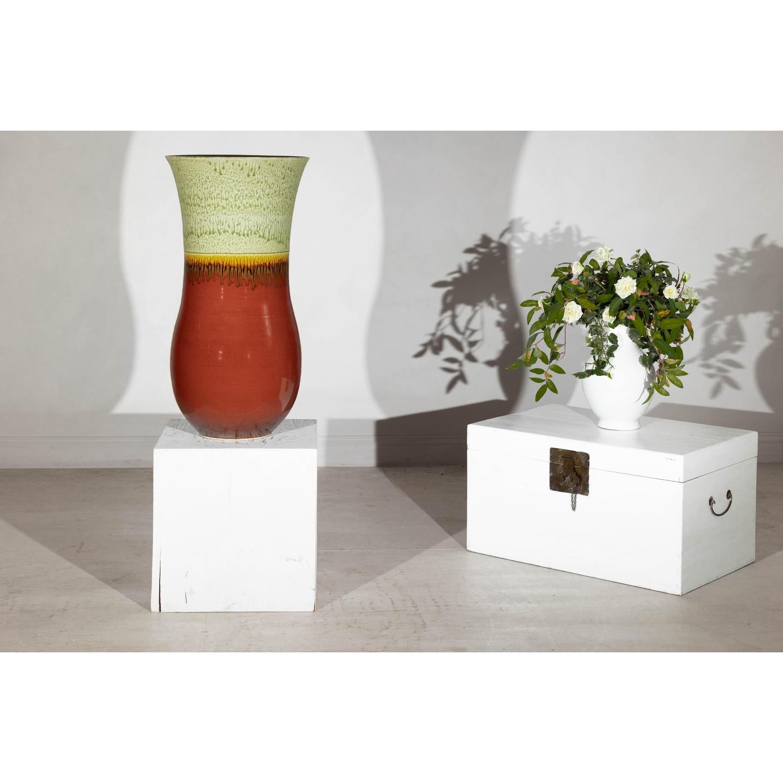 Tall Artisan Hand-Crafted Ceramic Vase with Green Drip Glaze over Red Base
