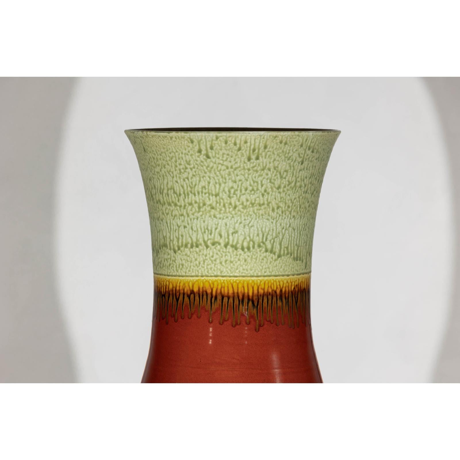 Tall Artisan Hand-Crafted Ceramic Vase with Green Drip Glaze over Red Base