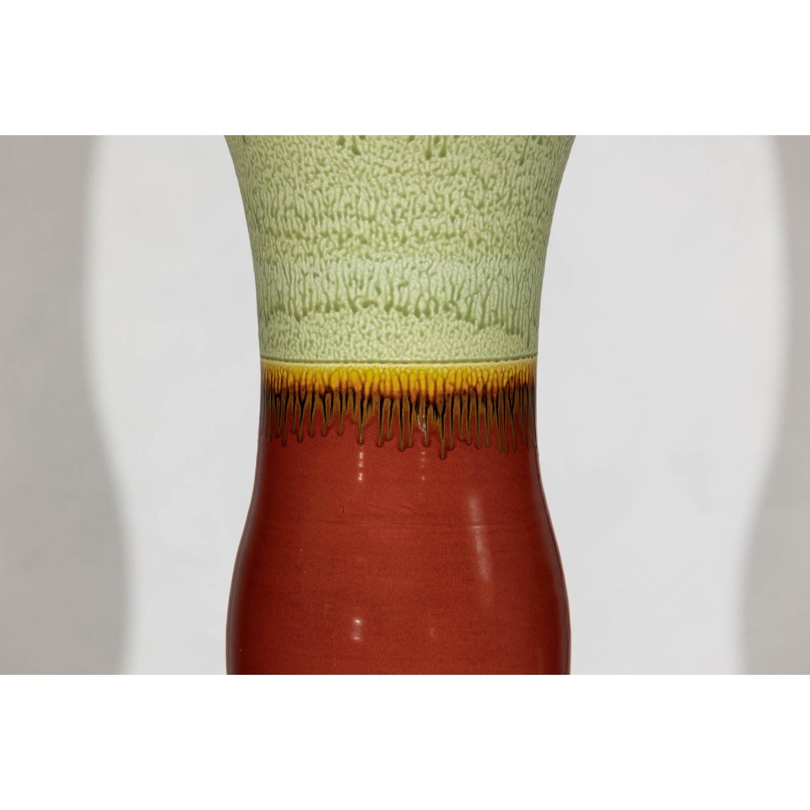 Tall Artisan Hand-Crafted Ceramic Vase with Green Drip Glaze over Red Base