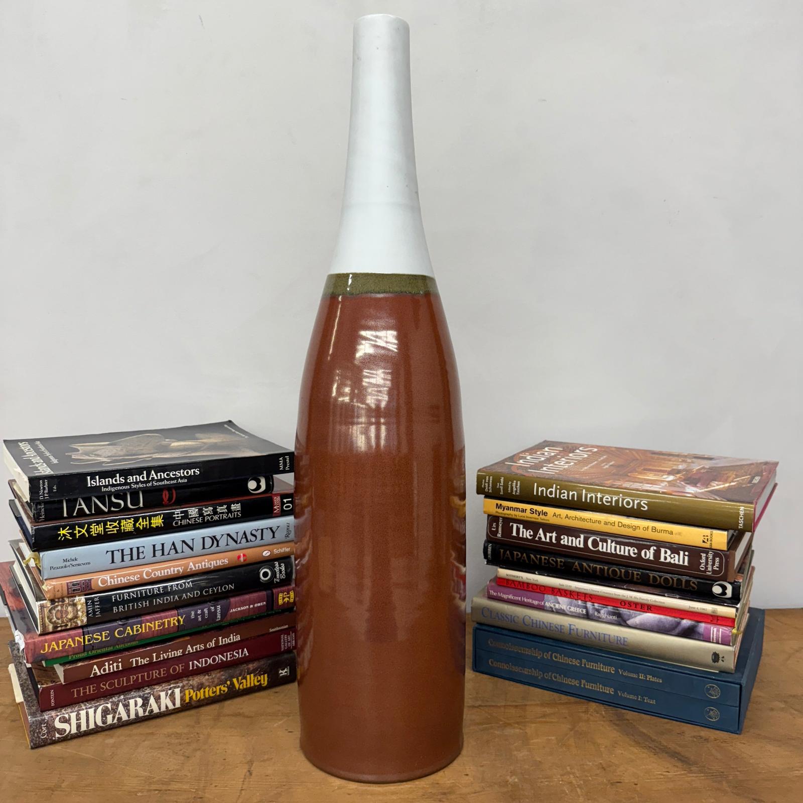 Tall Brown &amp; Green Ceramic Vase with Narrow White Neck - FEA Home