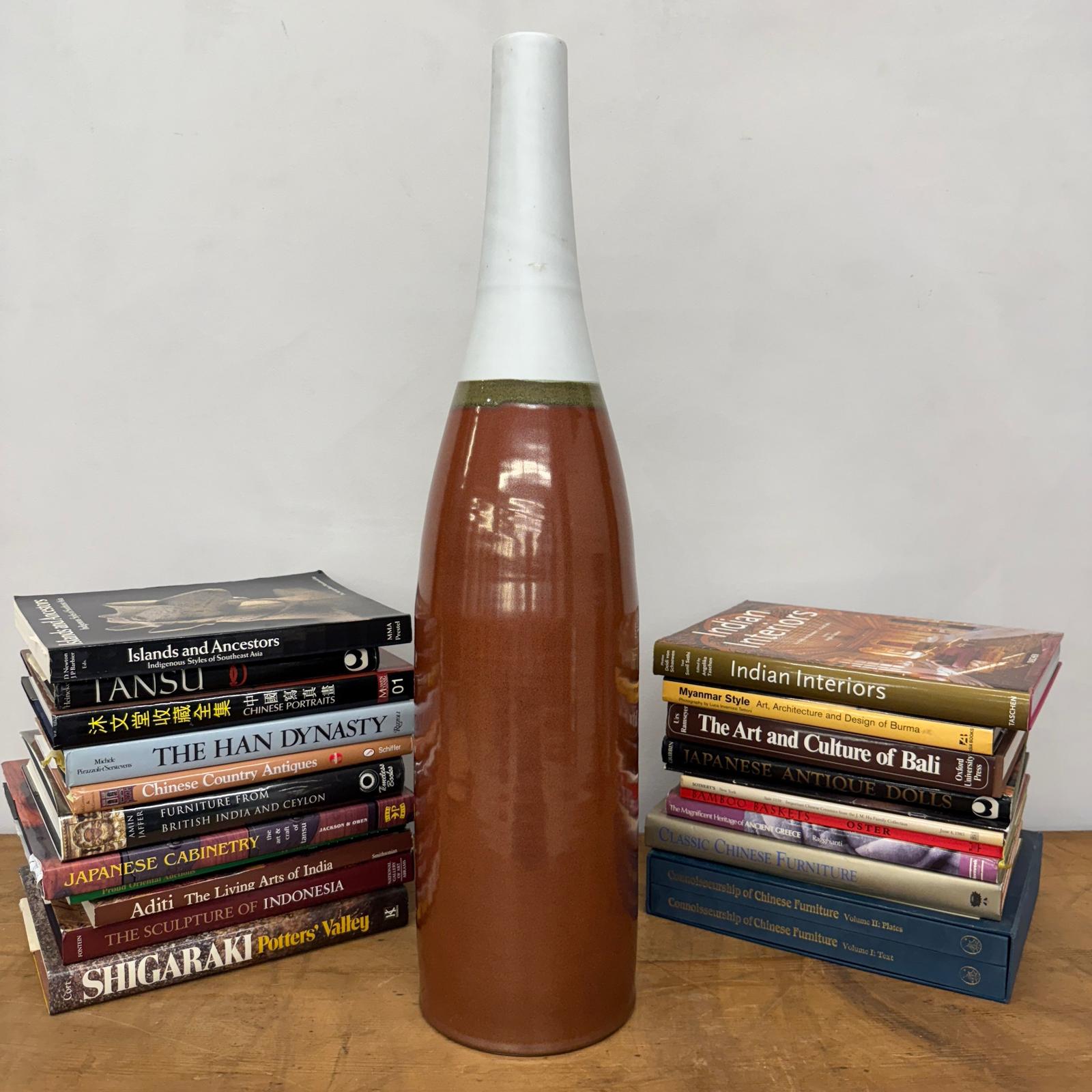 Tall Brown &amp; Green Ceramic Vase with Narrow White Neck - FEA Home