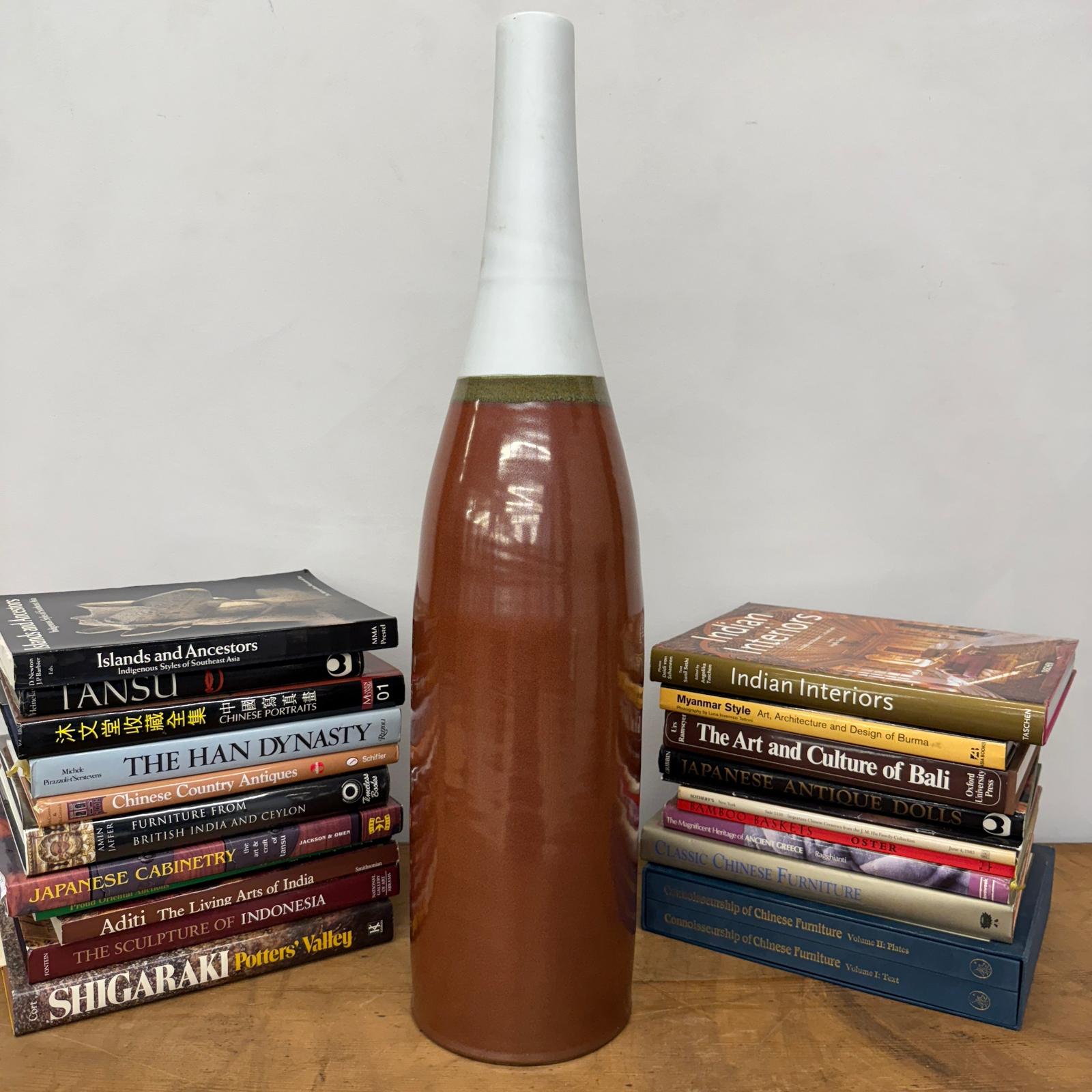 Tall Brown &amp; Green Ceramic Vase with Narrow White Neck - FEA Home