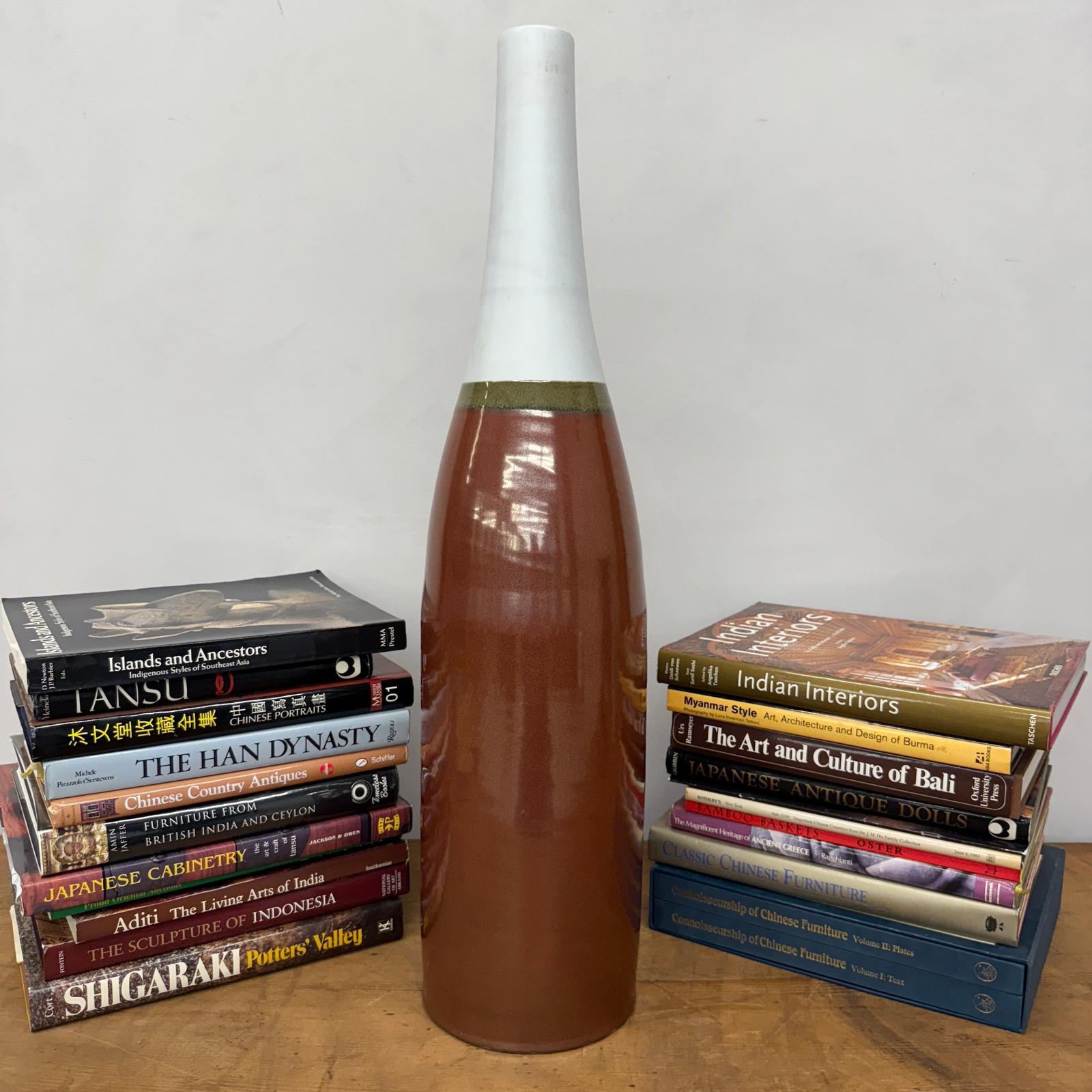Tall Brown &amp; Green Ceramic Vase with Narrow White Neck - FEA Home