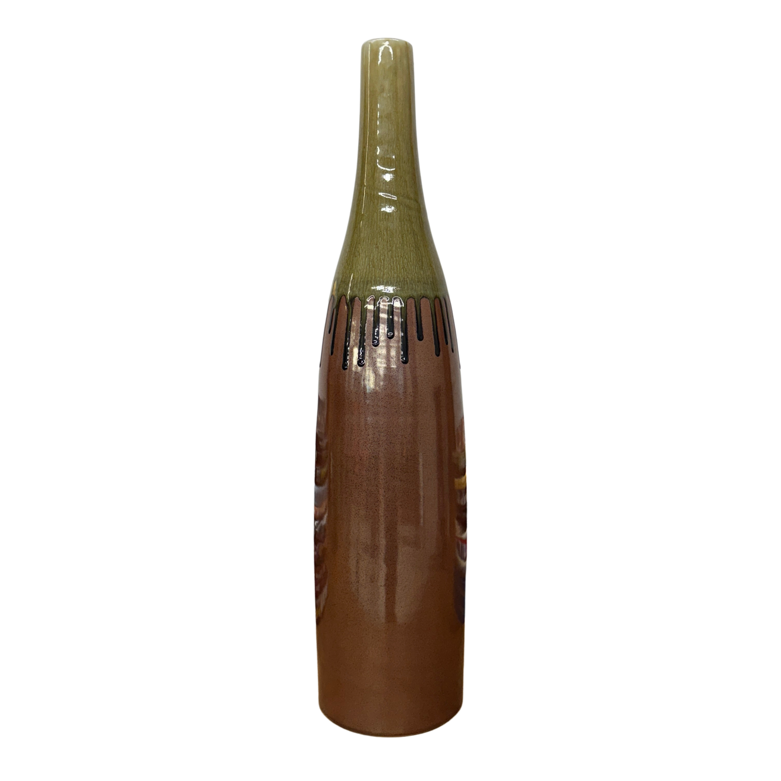 Tall Brown &amp; Olive Glazed Ceramic Vase with Slender Neck - FEA Home
