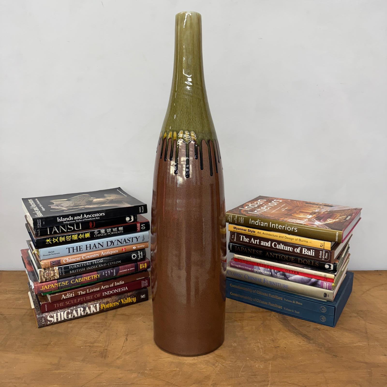 Tall Brown &amp; Olive Glazed Ceramic Vase with Slender Neck - FEA Home