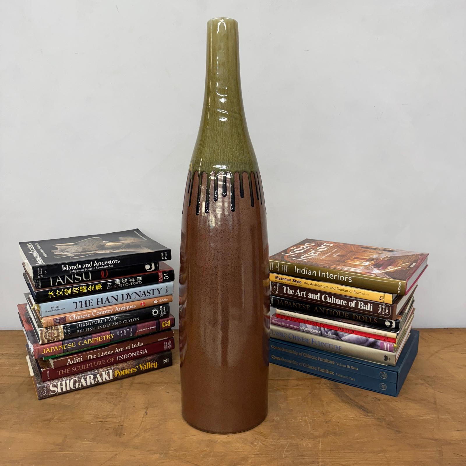 Tall Brown &amp; Olive Glazed Ceramic Vase with Slender Neck - FEA Home