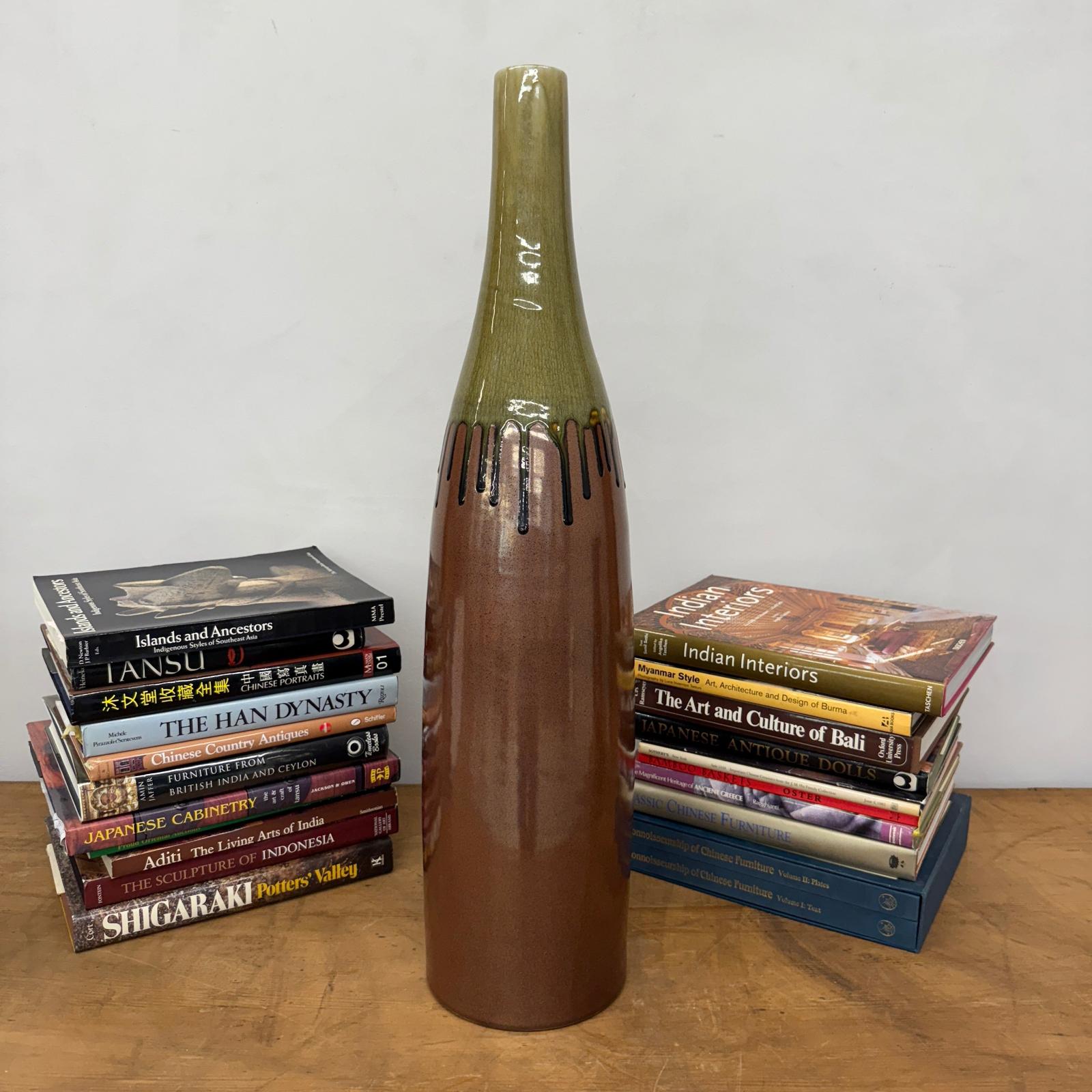 Tall Brown &amp; Olive Glazed Ceramic Vase with Slender Neck - FEA Home