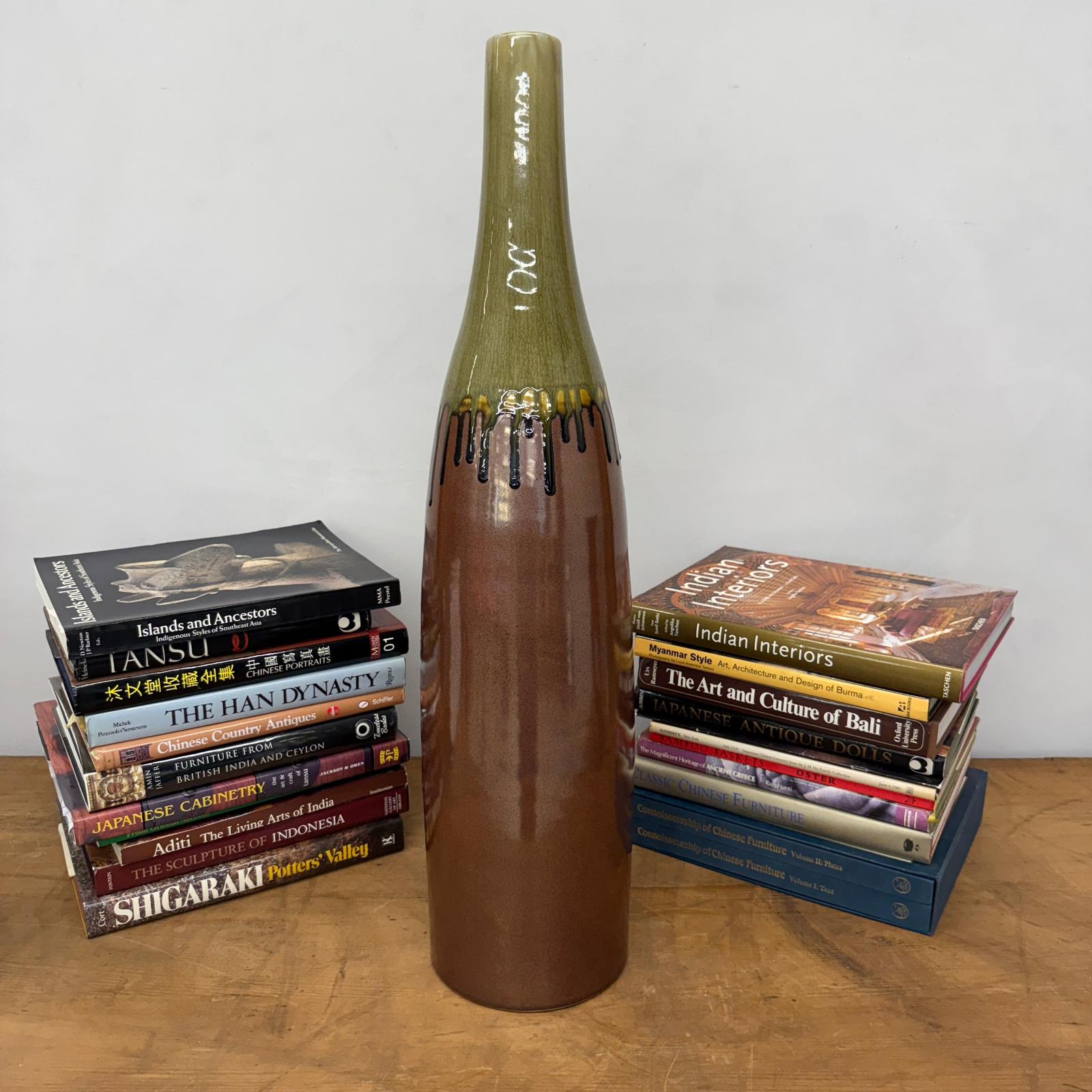 Tall Brown &amp; Olive Glazed Ceramic Vase with Slender Neck - FEA Home
