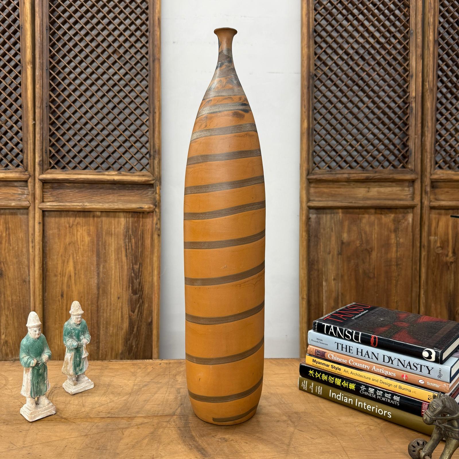 Tall Burnt Orange Ceramic Vase with Fluted Neck &amp; Grey Swirls, SKU , image 2