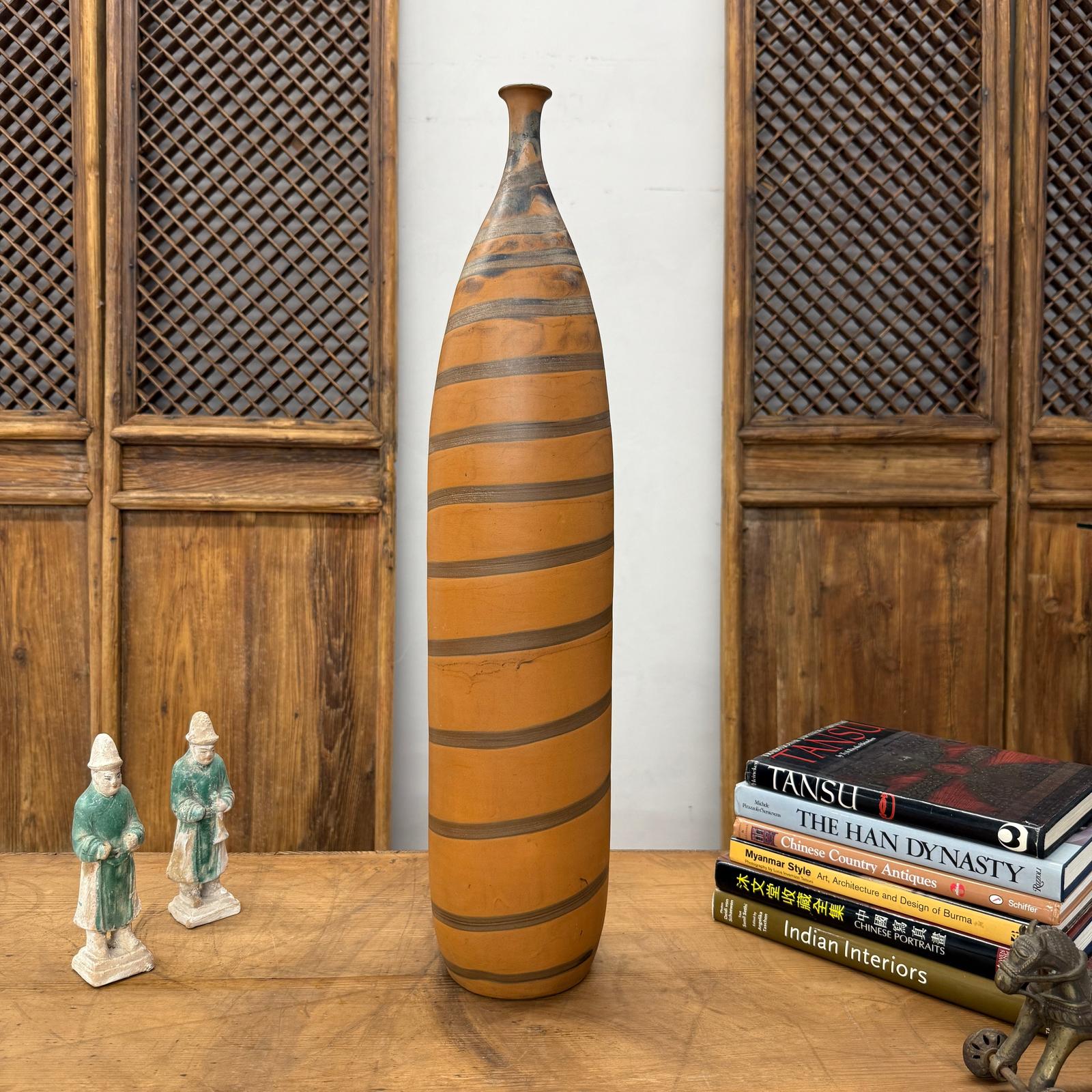 Tall Burnt Orange Ceramic Vase with Fluted Neck &amp; Grey Swirls, SKU , image 3