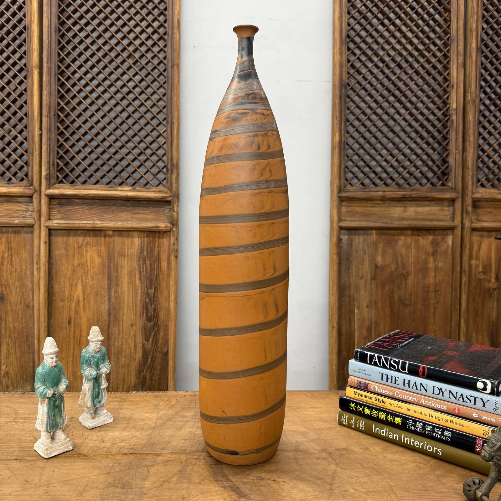 Tall Burnt Orange Ceramic Vase with Fluted Neck &amp; Grey Swirls, SKU , image 4