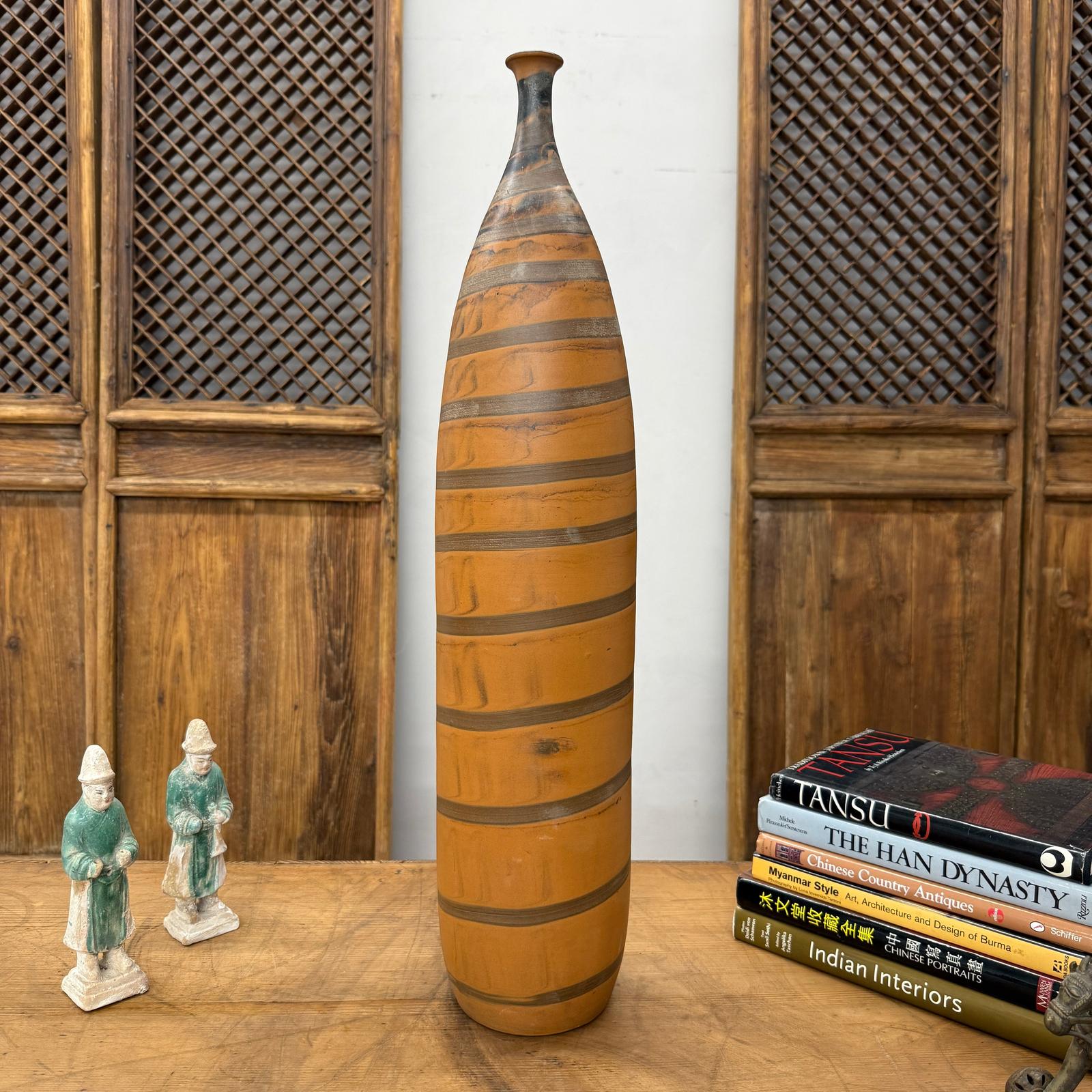 Tall Burnt Orange Ceramic Vase with Fluted Neck &amp; Grey Swirls, SKU , image 5