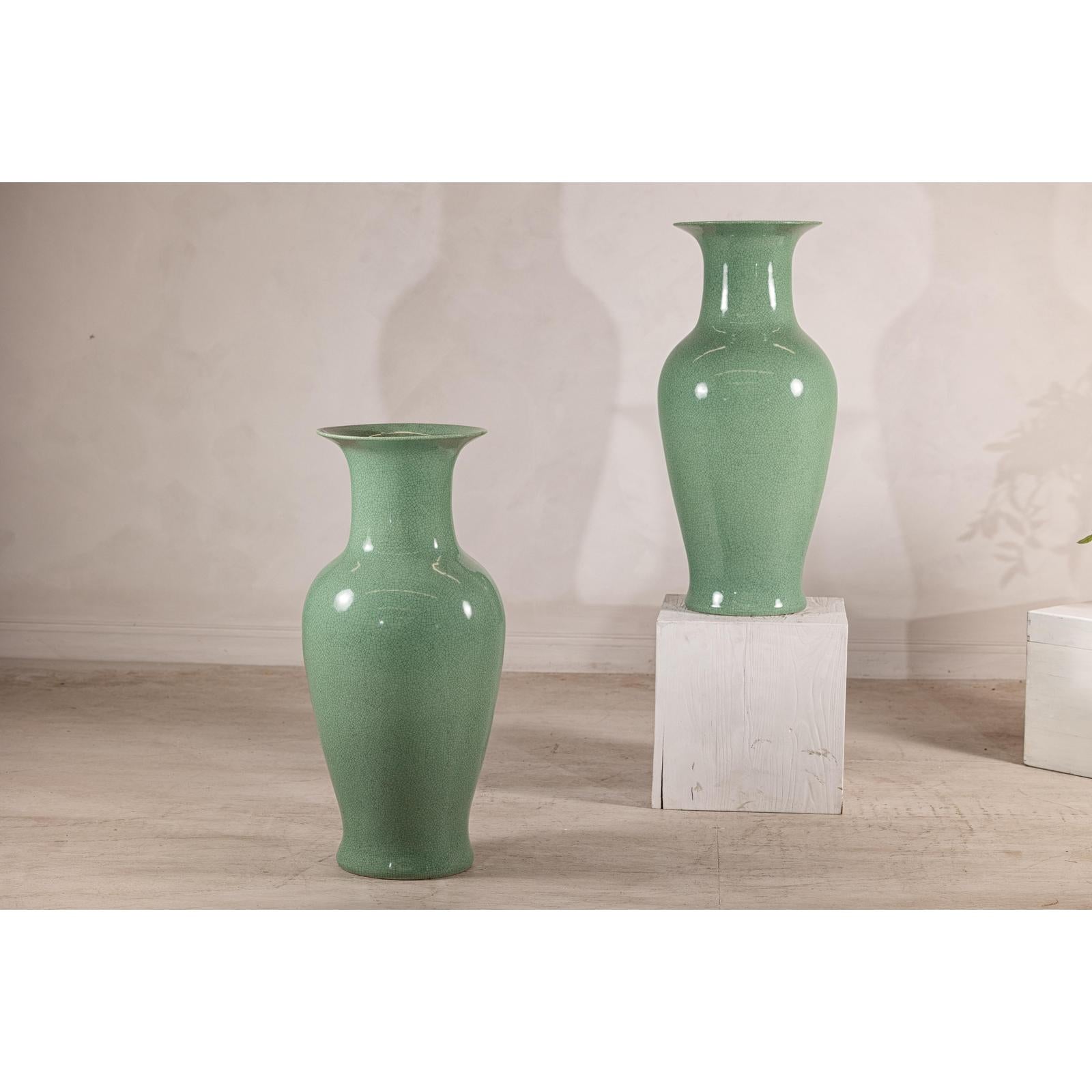 Tall Celadon Crackle-Glazed Palace Jar with Flared Rim, Vintage-11. Asian &amp; Chinese Furniture, Art, Antiques, Vintage Home Décor for sale at FEA Home