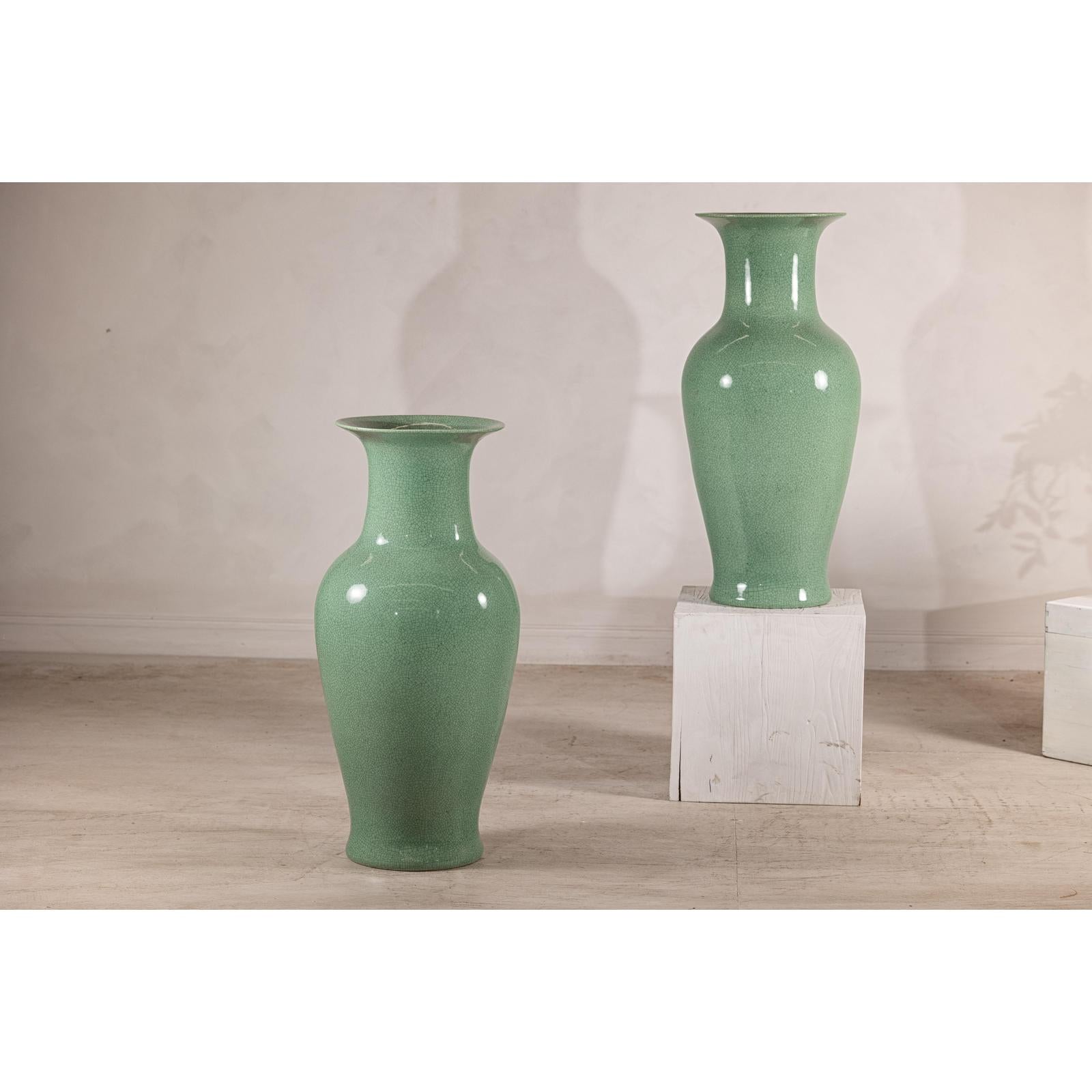 Tall Celadon Crackle-Glazed Palace Jar with Flared Rim, Vintage-12. Asian &amp; Chinese Furniture, Art, Antiques, Vintage Home Décor for sale at FEA Home