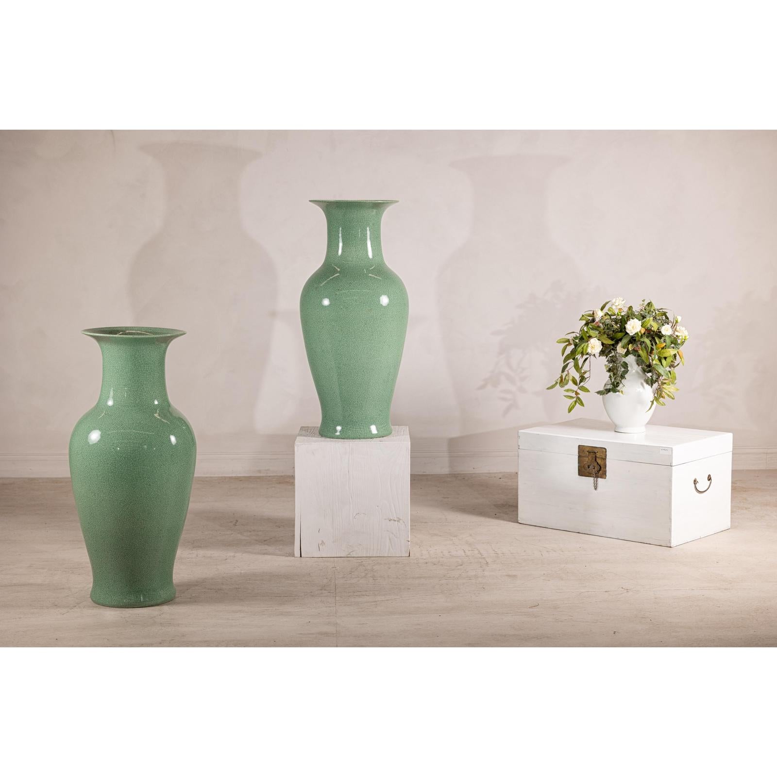 Tall Celadon Crackle-Glazed Palace Jar with Flared Rim, Vintage-2. Asian & Chinese Furniture, Art, Antiques, Vintage Home Décor for sale at FEA Home
