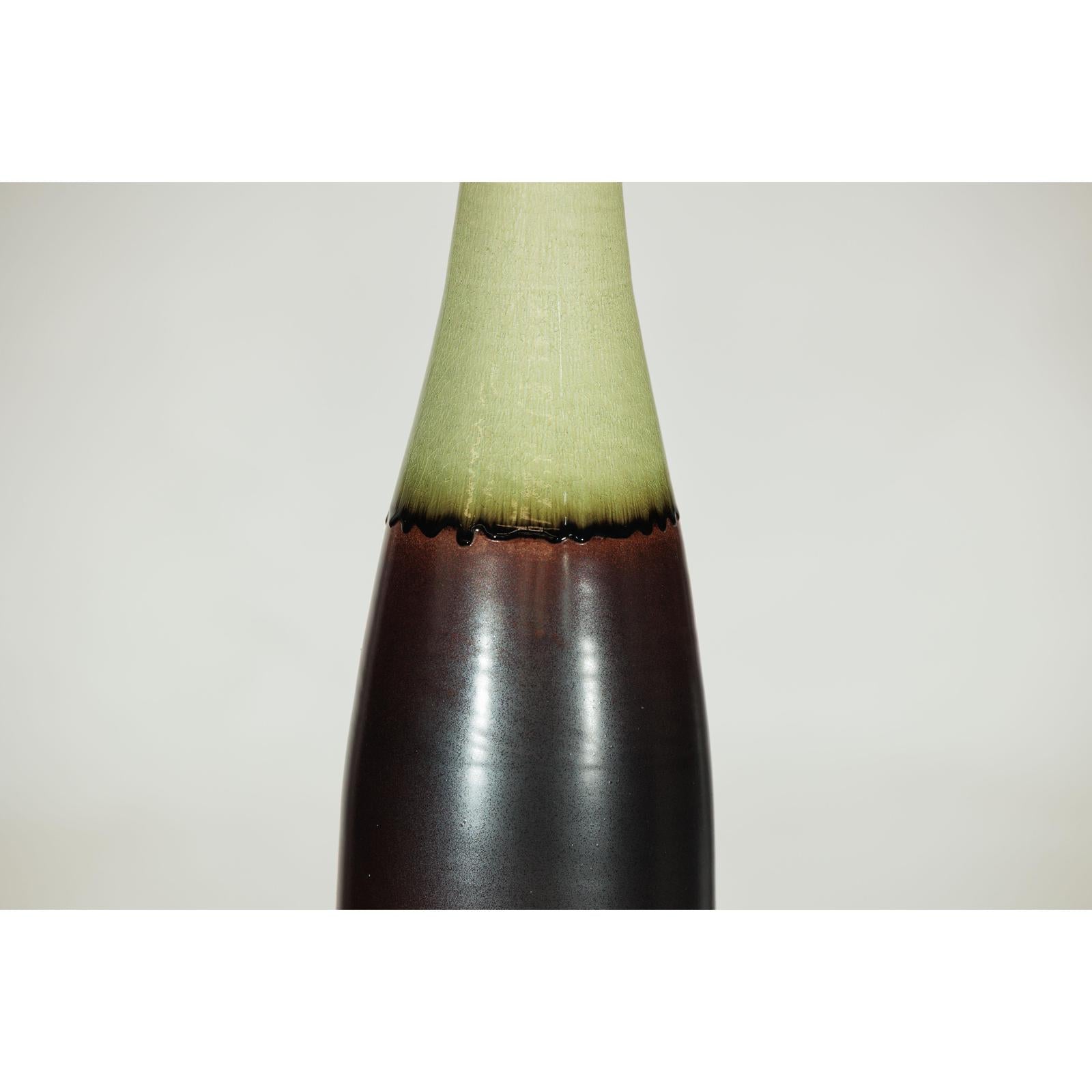 Tall Ceramic Vase with Charcoal Body &amp; Moss Green Glazed Neck