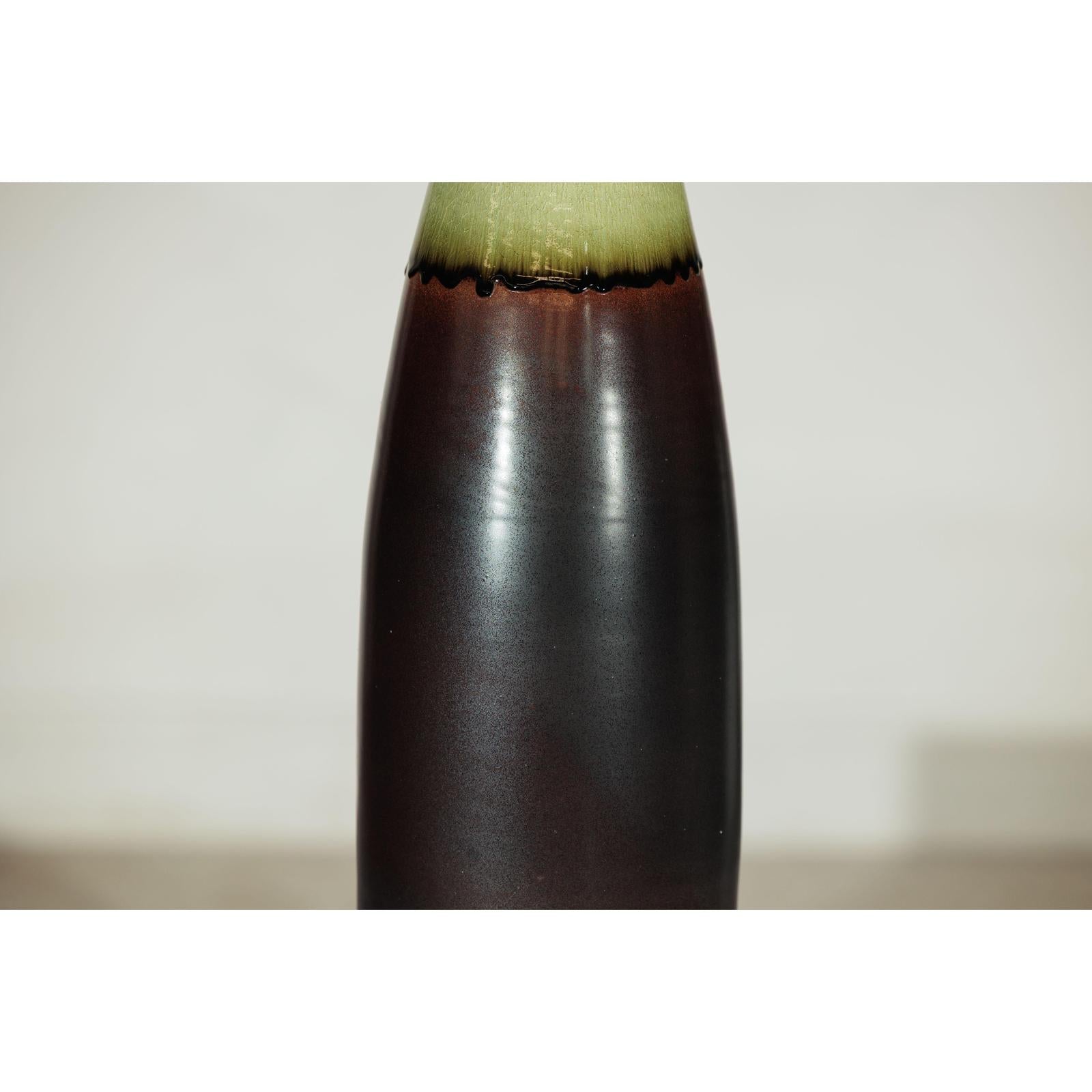 Tall Ceramic Vase with Charcoal Body &amp; Moss Green Glazed Neck