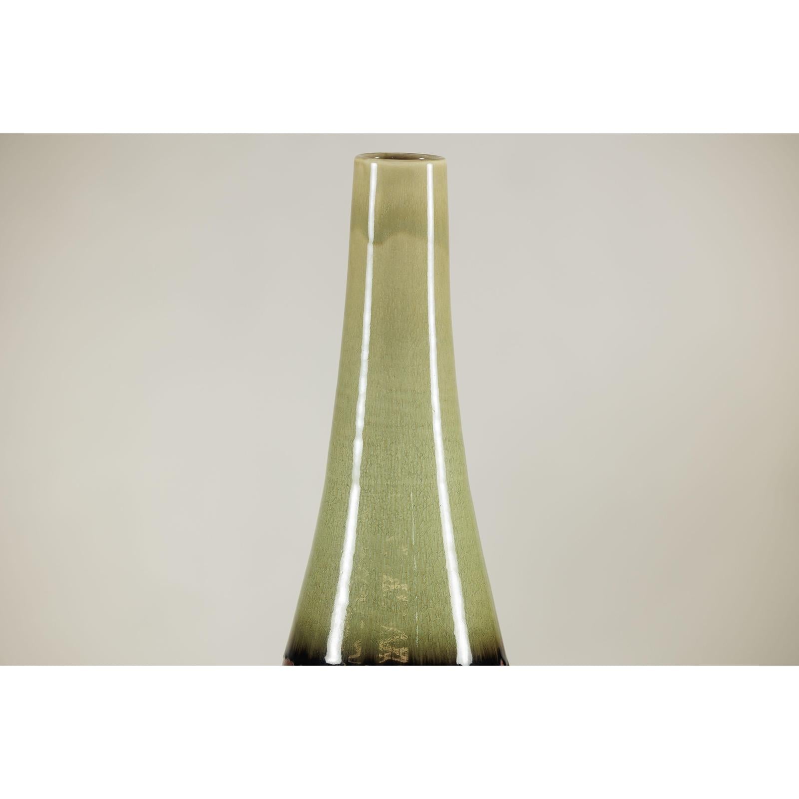 Tall Ceramic Vase with Charcoal Body &amp; Moss Green Glazed Neck