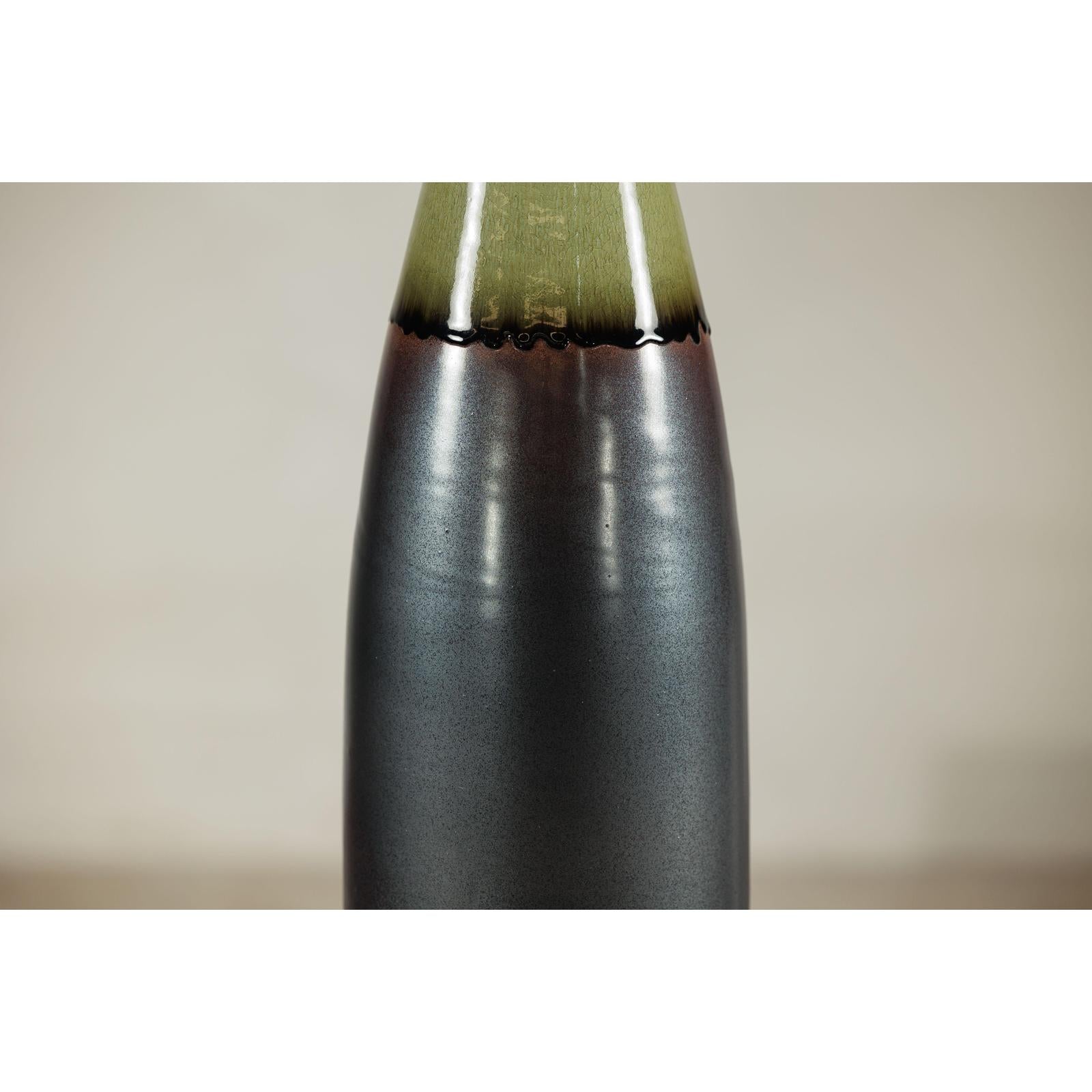 Tall Ceramic Vase with Charcoal Body &amp; Moss Green Glazed Neck