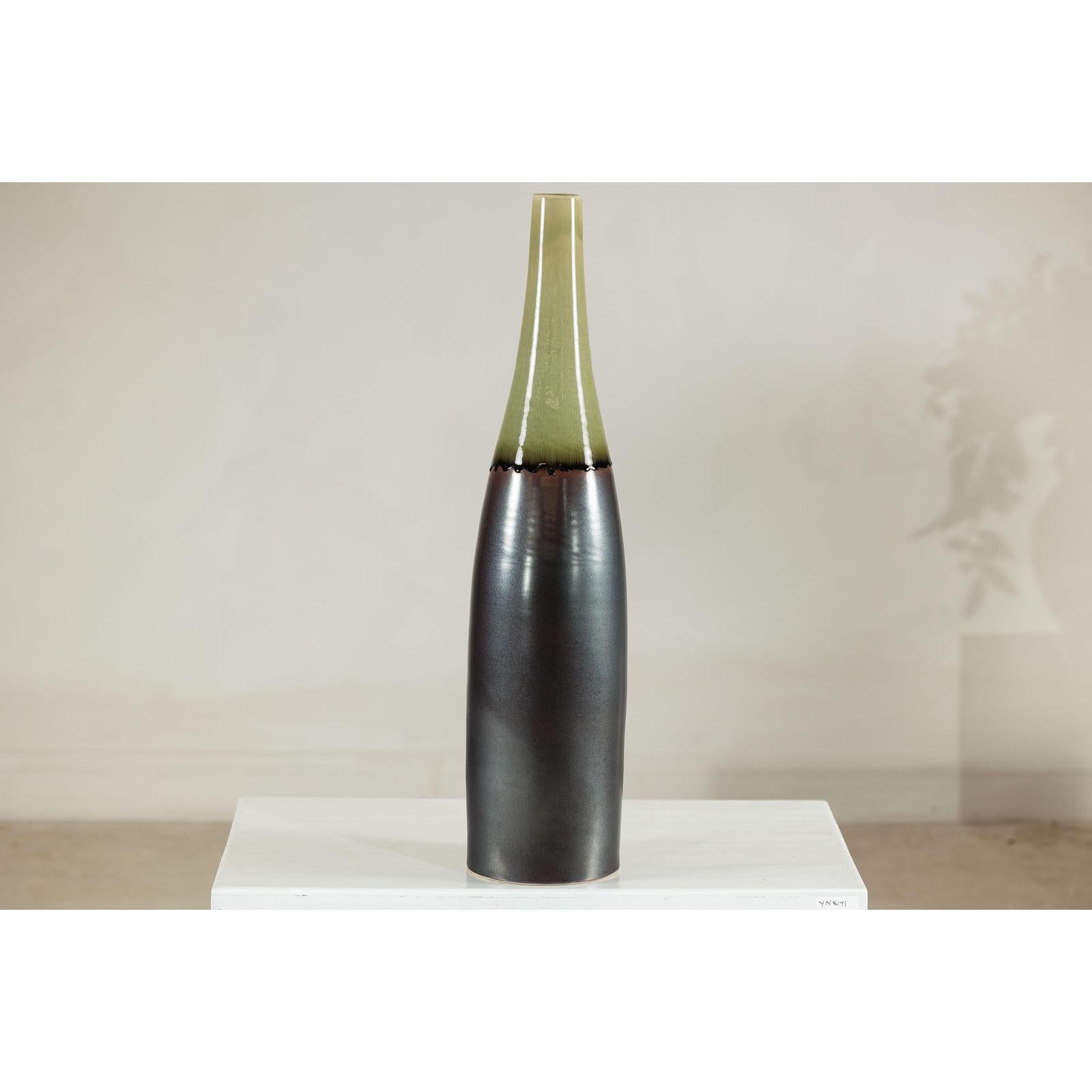 Tall Ceramic Vase with Charcoal Body &amp; Moss Green Glazed Neck