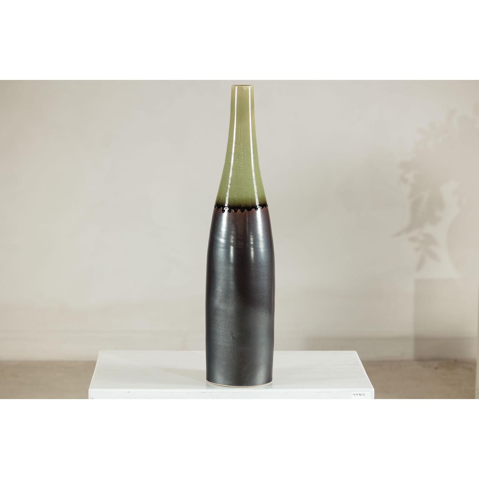Tall Ceramic Vase with Charcoal Body &amp; Moss Green Glazed Neck