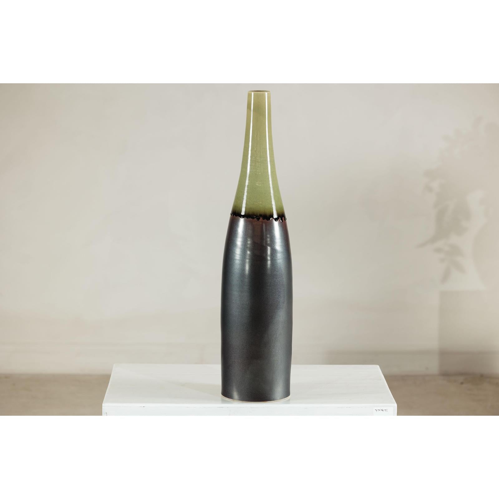 Tall Ceramic Vase with Charcoal Body &amp; Moss Green Glazed Neck