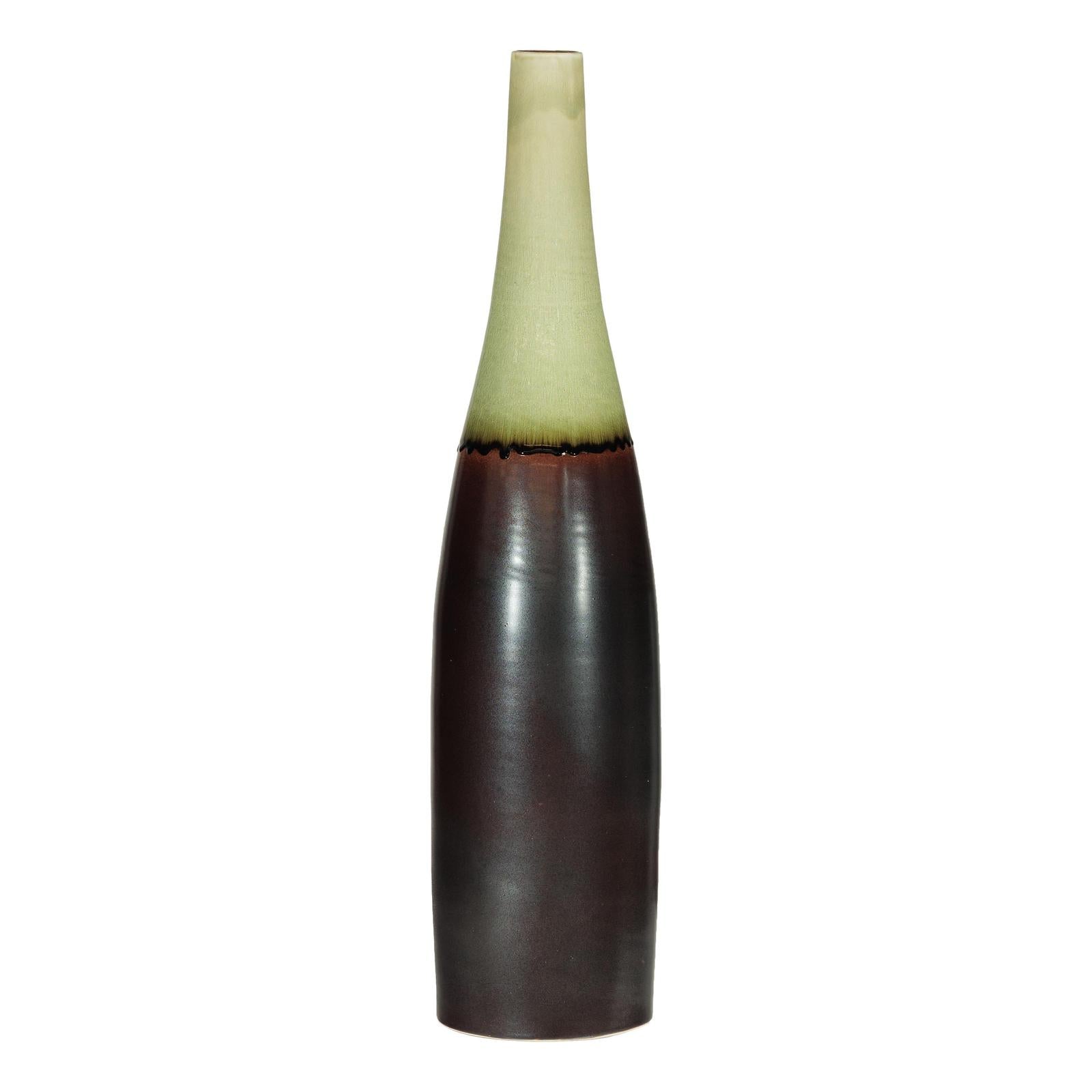 Tall Ceramic Vase with Charcoal Body &amp; Moss Green Glazed Neck