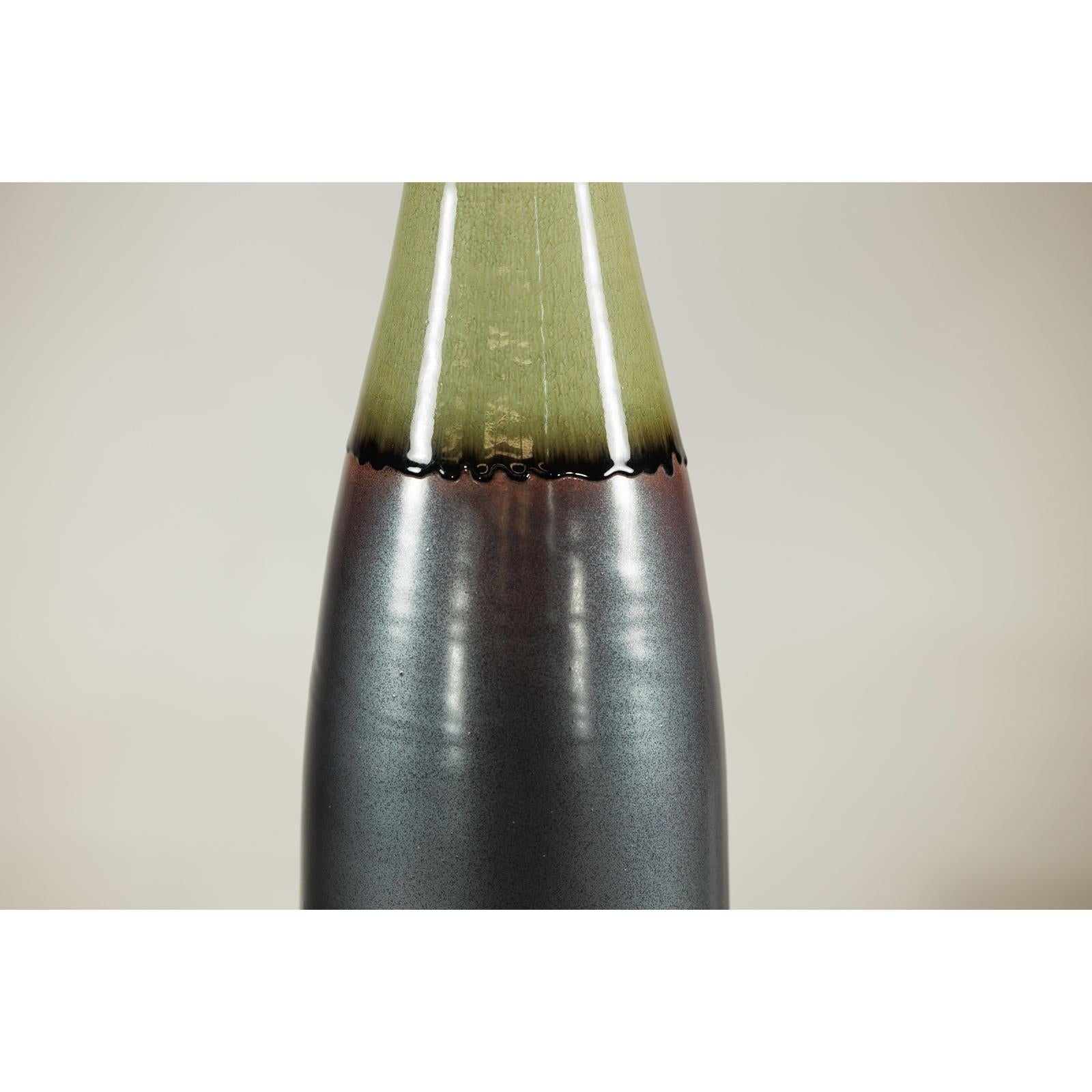 Tall Ceramic Vase with Charcoal Body &amp; Moss Green Glazed Neck