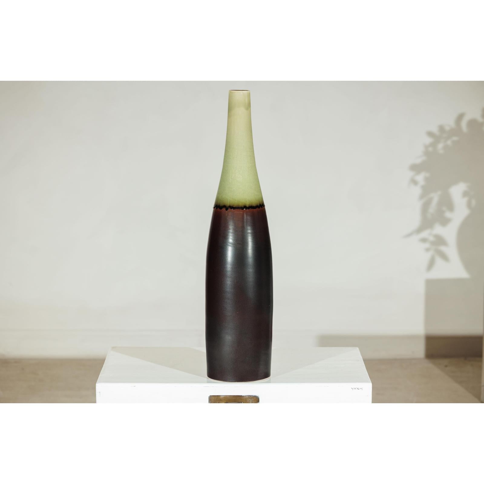 Tall Ceramic Vase with Charcoal Body &amp; Moss Green Glazed Neck