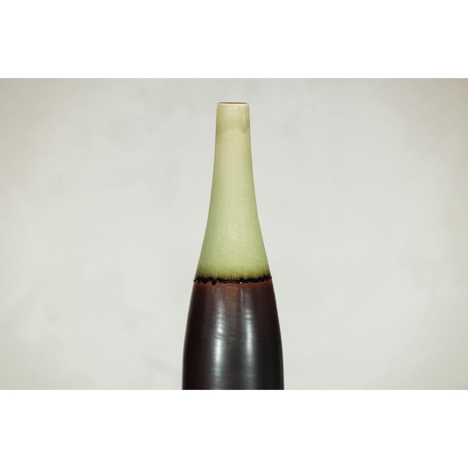 Tall Ceramic Vase with Charcoal Body &amp; Moss Green Glazed Neck