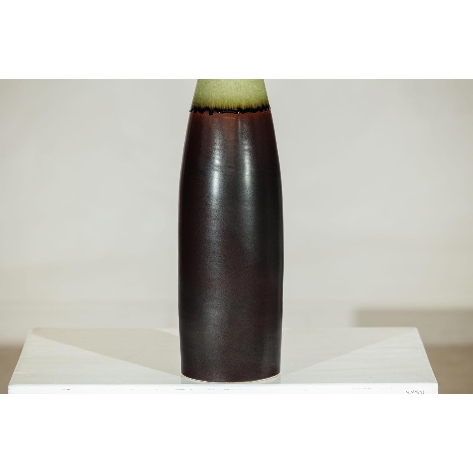 Tall Ceramic Vase with Charcoal Body &amp; Moss Green Glazed Neck