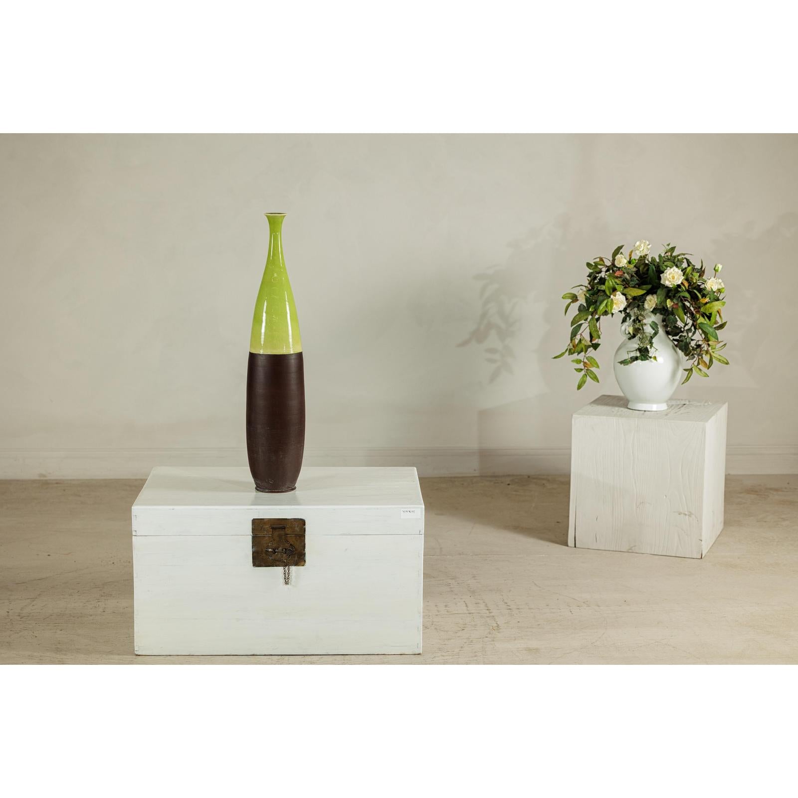 Tall Ceramic Vase with Glossy Green &amp; Matte Brown Glaze - image 10