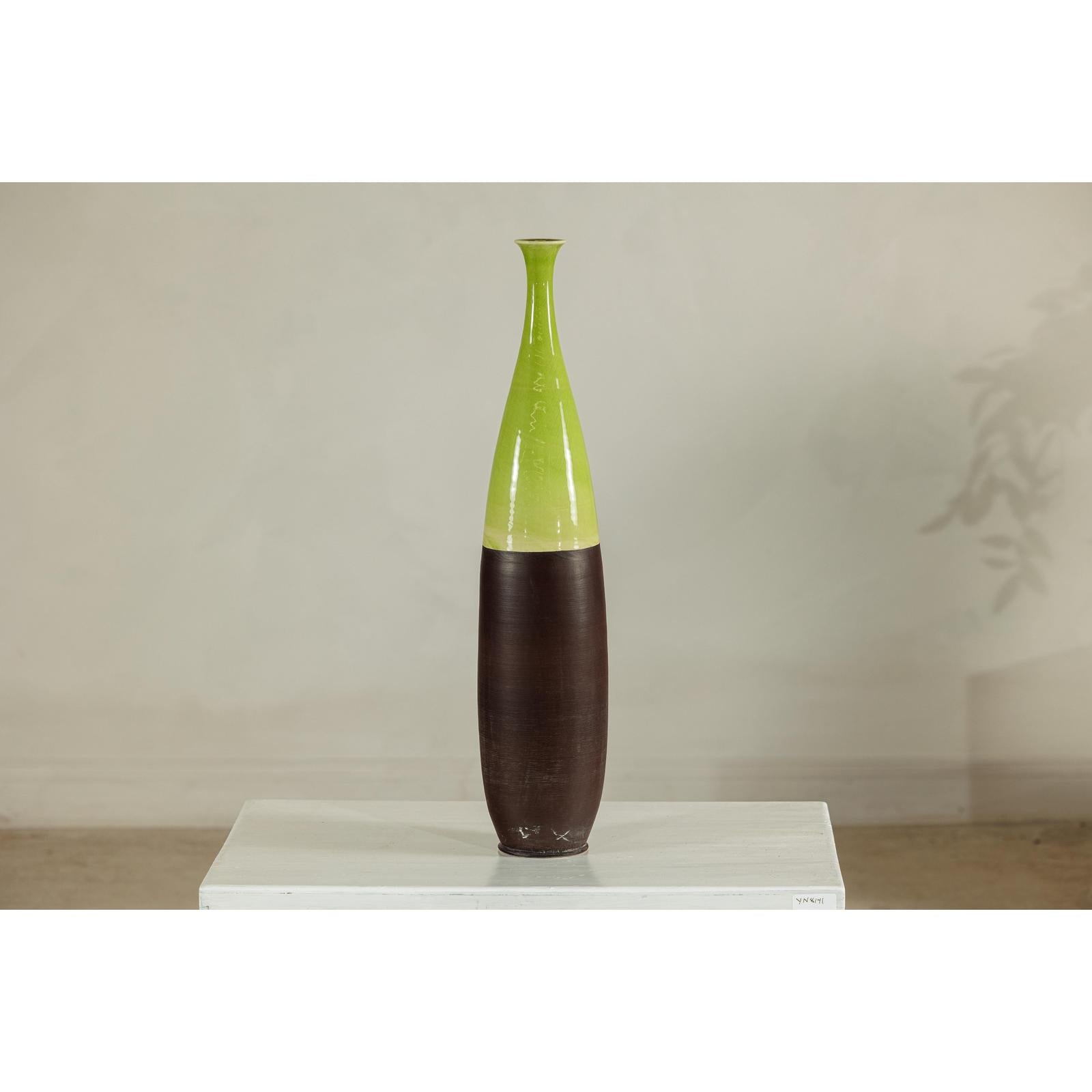 Tall Ceramic Vase with Glossy Green &amp; Matte Brown Glaze - image 11
