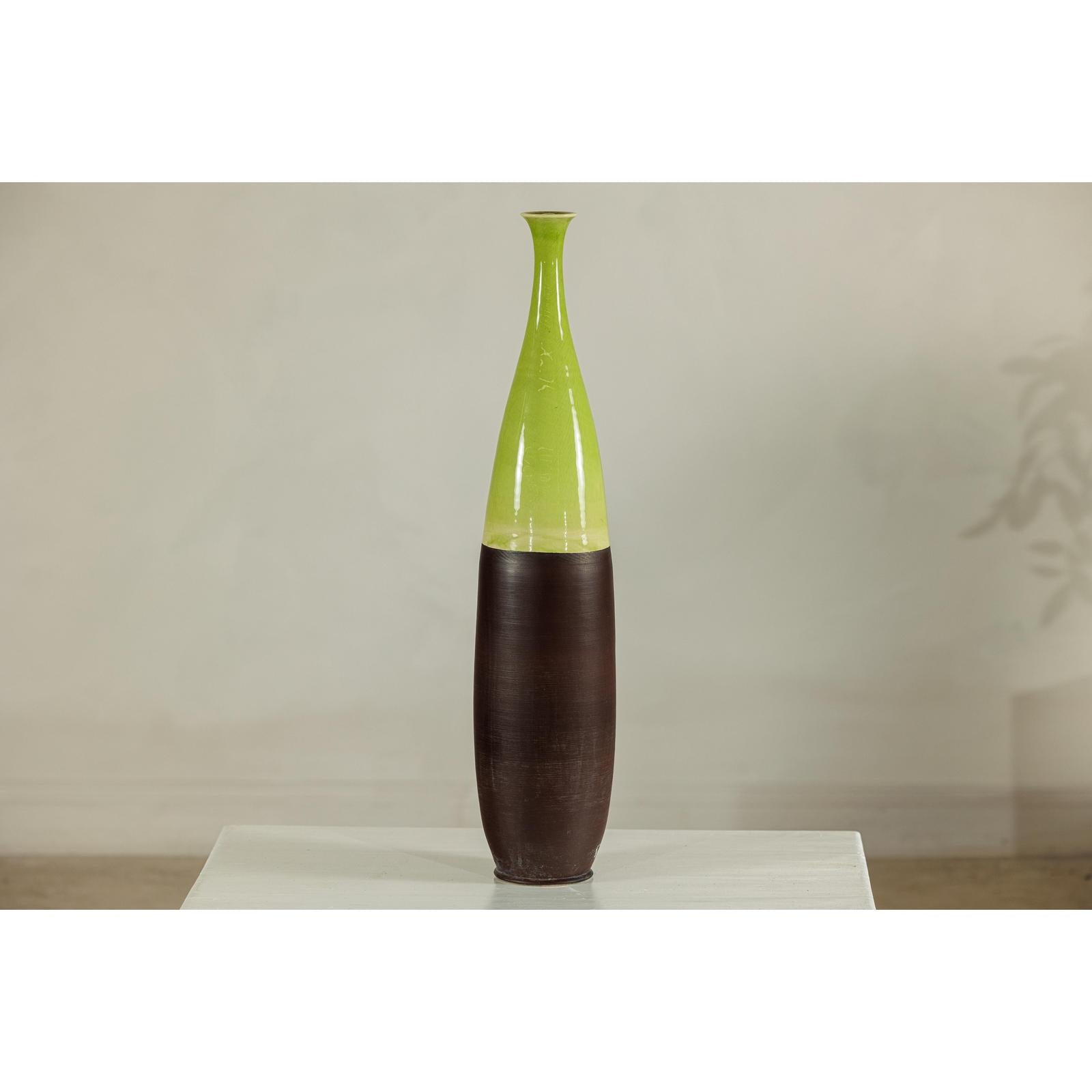 Tall Ceramic Vase with Glossy Green &amp; Matte Brown Glaze - image 12