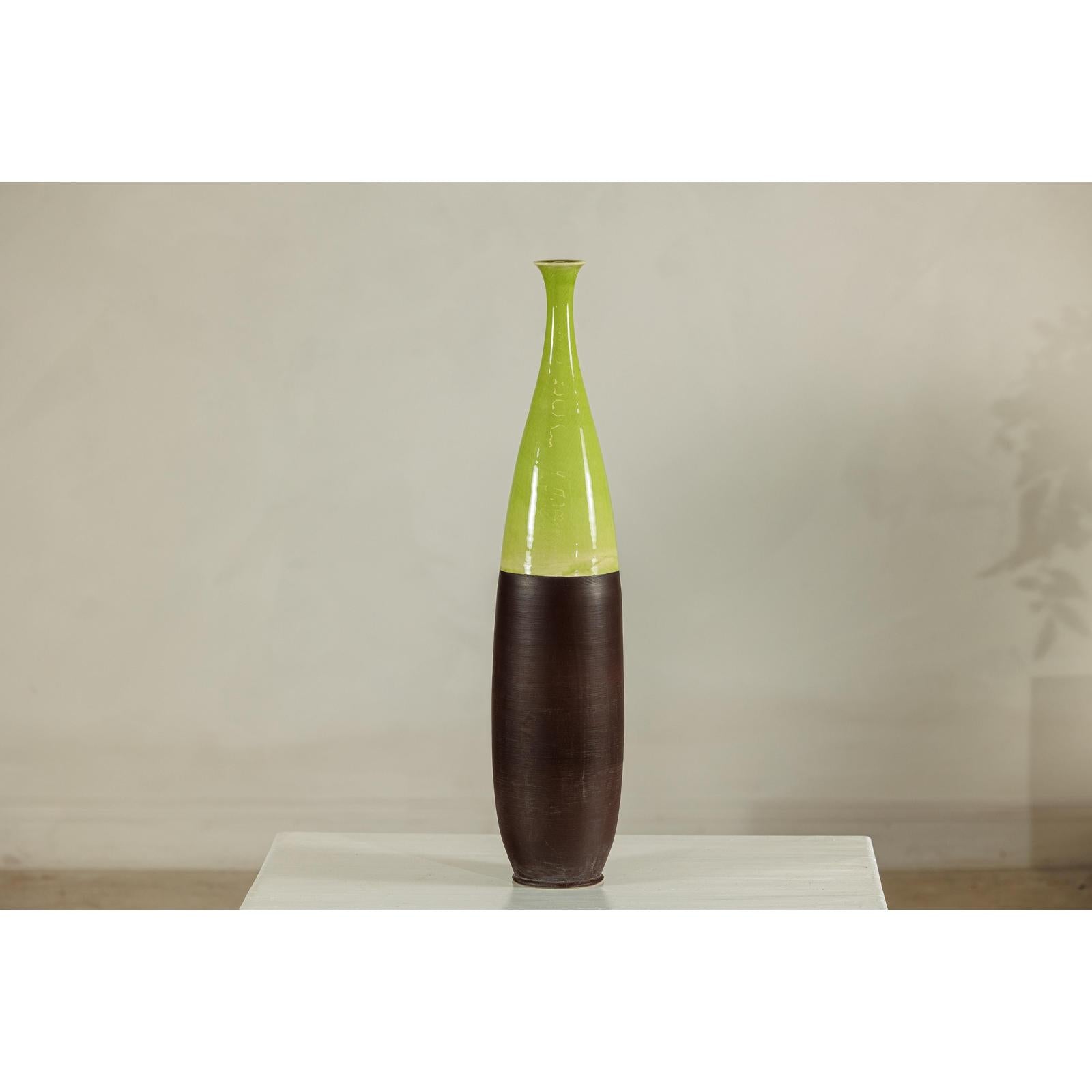 Tall Ceramic Vase with Glossy Green &amp; Matte Brown Glaze - image 13