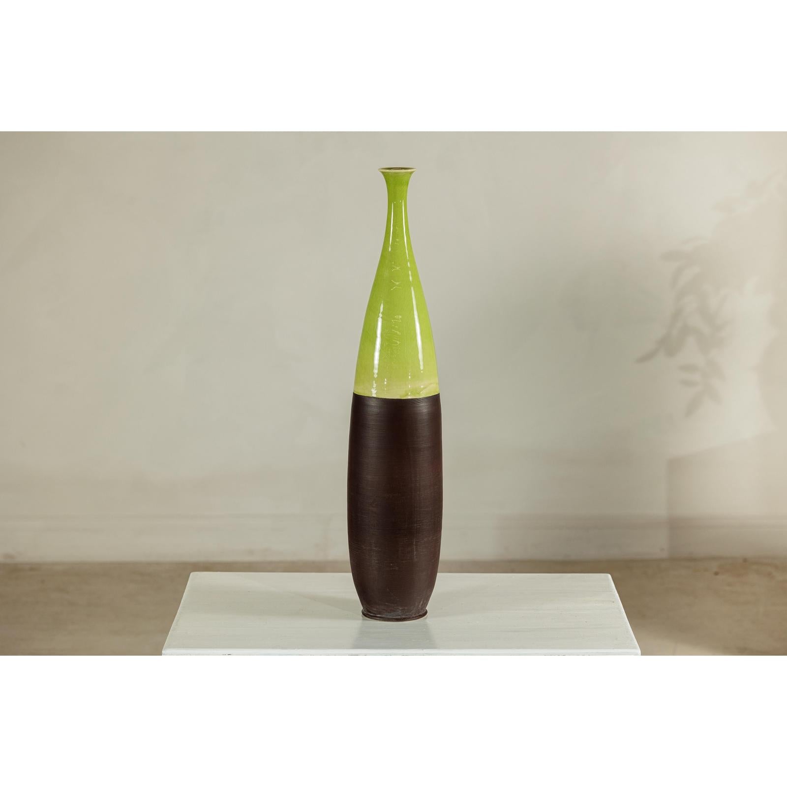Tall Ceramic Vase with Glossy Green &amp; Matte Brown Glaze - image 2
