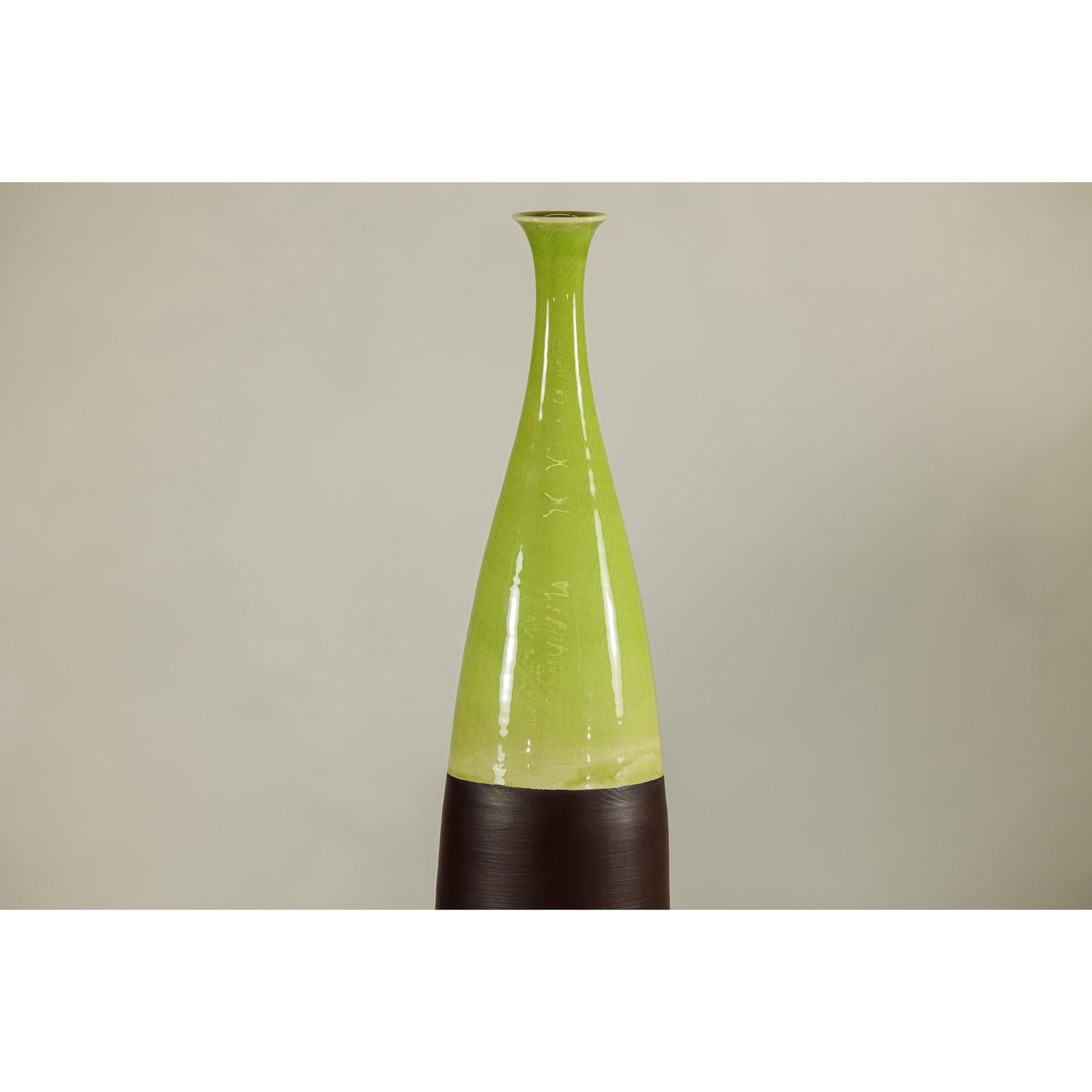 Tall Ceramic Vase with Glossy Green &amp; Matte Brown Glaze - image 3