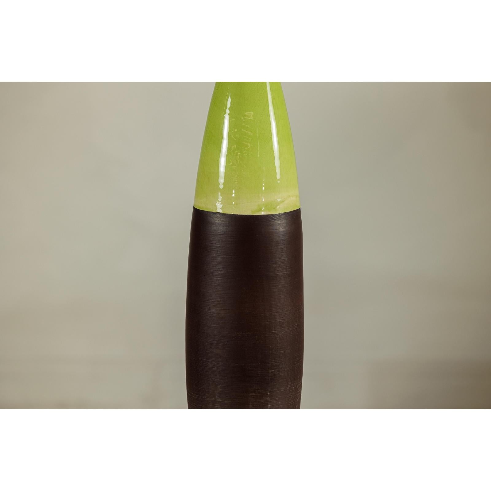 Tall Ceramic Vase with Glossy Green &amp; Matte Brown Glaze - image 4
