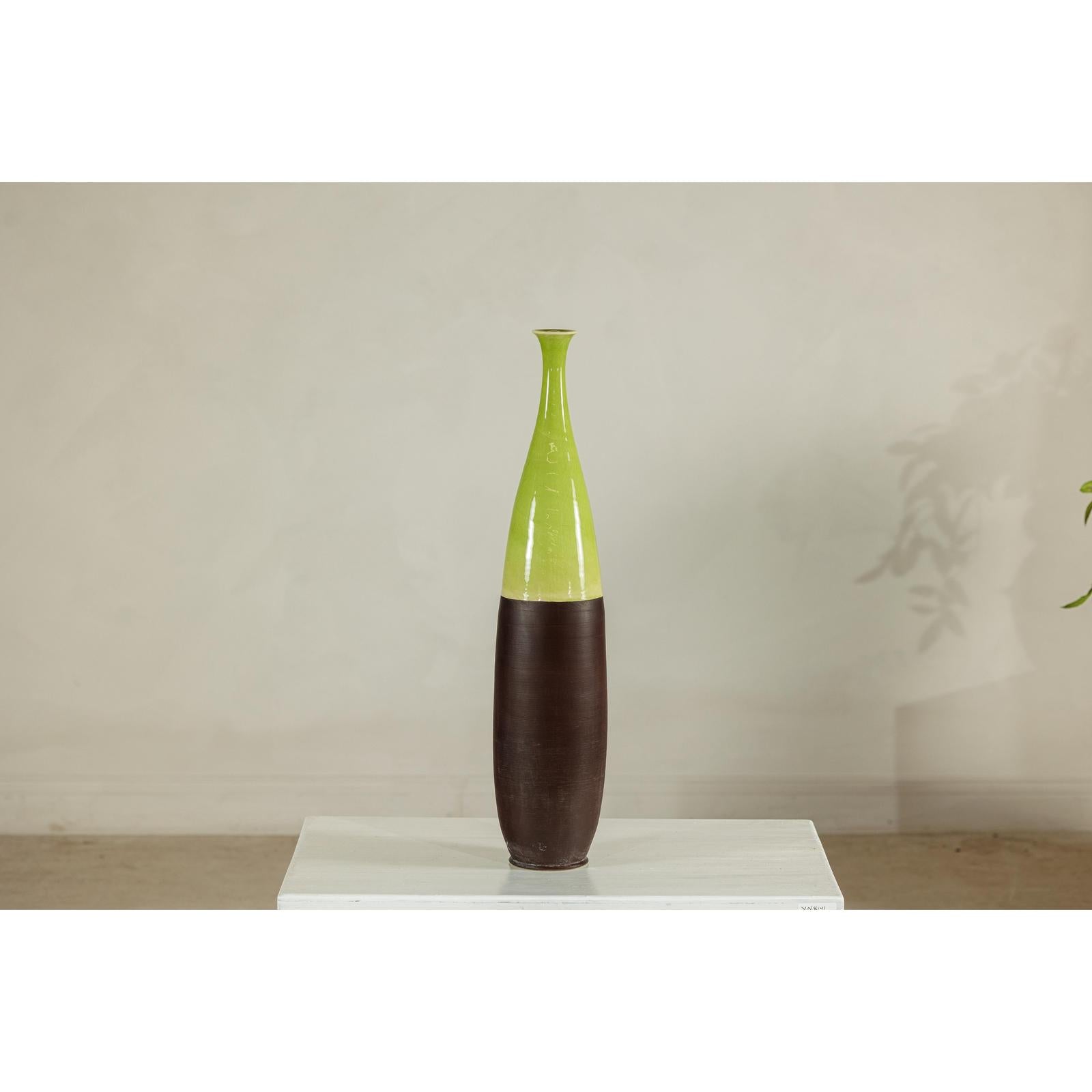 Tall Ceramic Vase with Glossy Green &amp; Matte Brown Glaze - image 9
