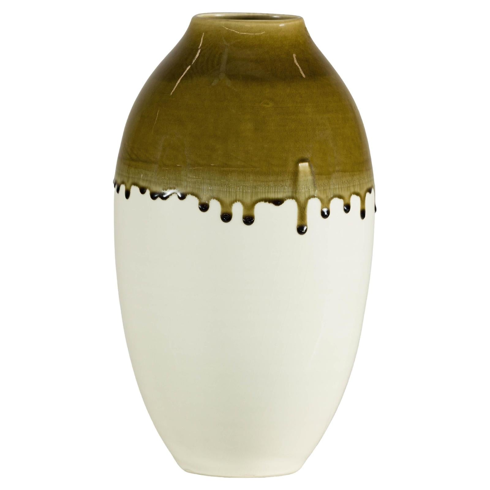 Tall Cream and Olive Glazed Artisan Vase with Expressive Drip Rim-1. Asian & Chinese Furniture, Art, Antiques, Vintage Home Décor for sale at FEA Home