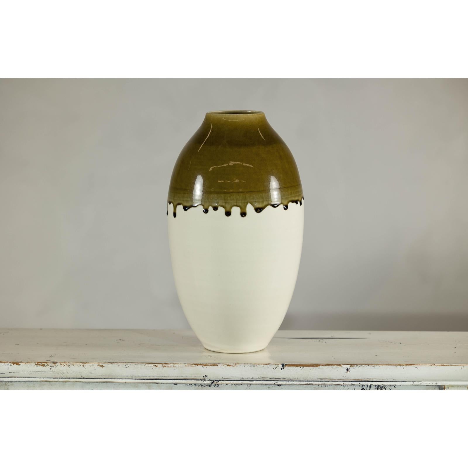 Tall Cream and Olive Glazed Artisan Vase with Expressive Drip Rim-10. Asian &amp; Chinese Furniture, Art, Antiques, Vintage Home Décor for sale at FEA Home