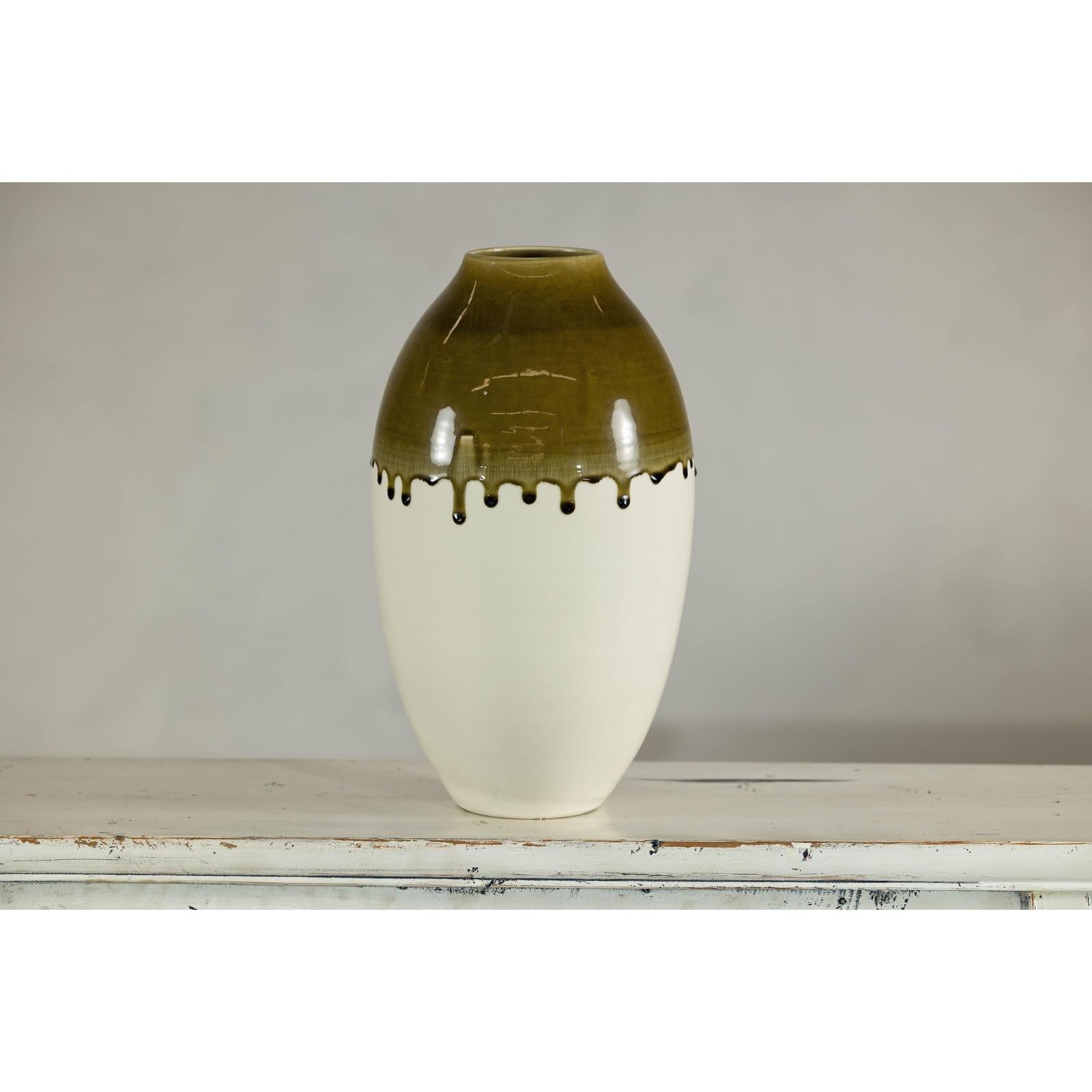 Tall Cream and Olive Glazed Artisan Vase with Expressive Drip Rim-11. Asian &amp; Chinese Furniture, Art, Antiques, Vintage Home Décor for sale at FEA Home