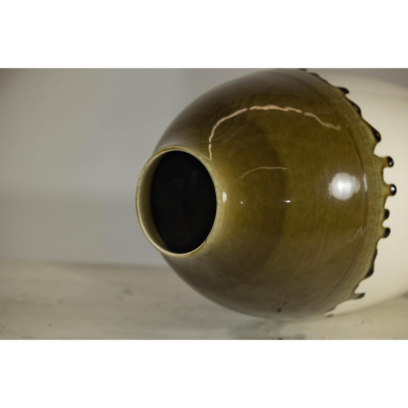 Tall Cream and Olive Glazed Artisan Vase with Expressive Drip Rim-12. Asian &amp; Chinese Furniture, Art, Antiques, Vintage Home Décor for sale at FEA Home