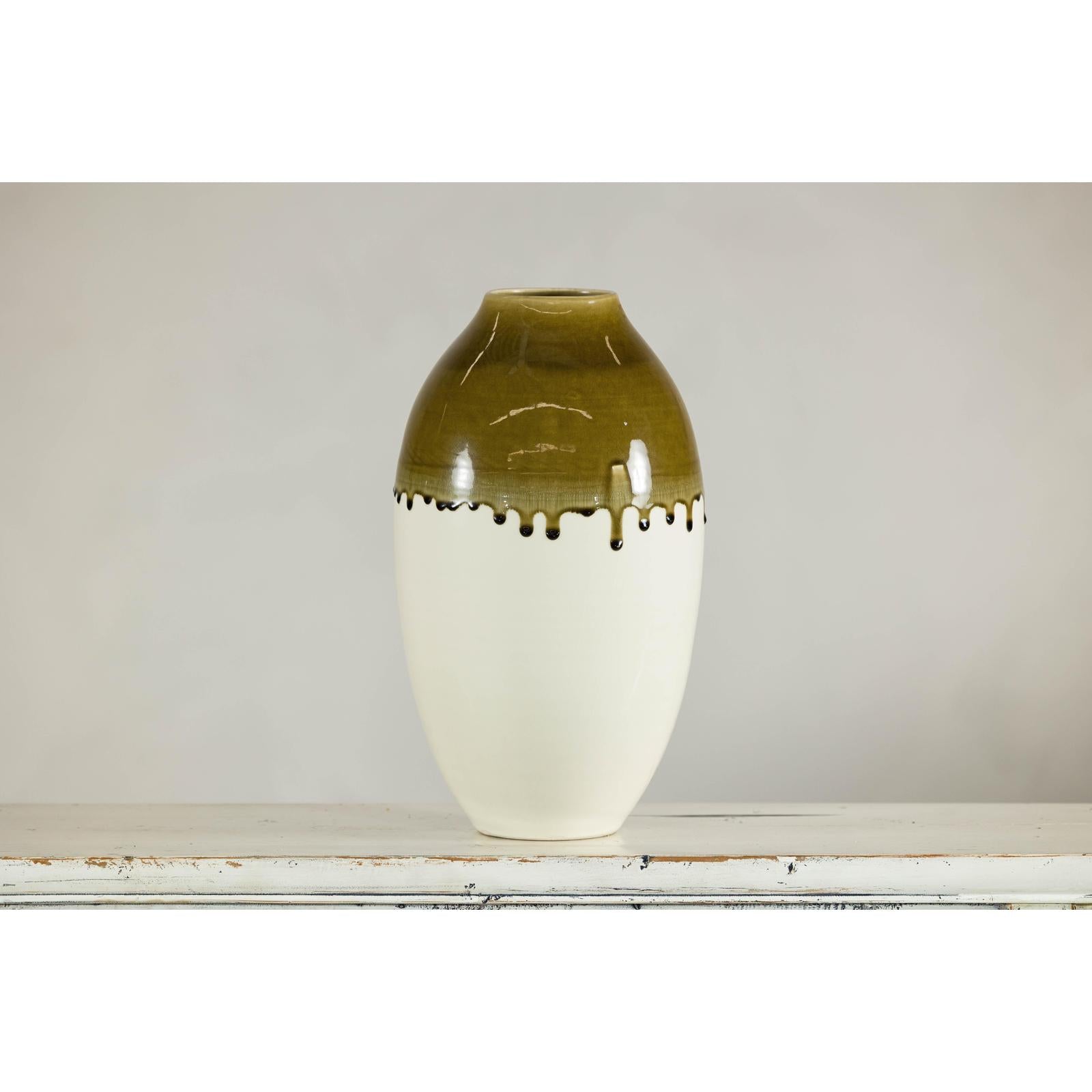 Tall Cream and Olive Glazed Artisan Vase with Expressive Drip Rim-15. Asian &amp; Chinese Furniture, Art, Antiques, Vintage Home Décor for sale at FEA Home