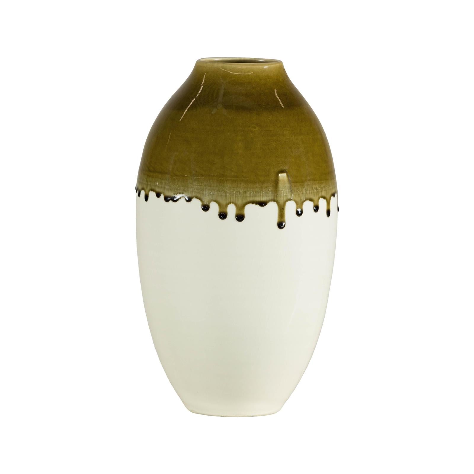 Tall Cream and Olive Glazed Artisan Vase with Expressive Drip Rim-16. Asian &amp; Chinese Furniture, Art, Antiques, Vintage Home Décor for sale at FEA Home