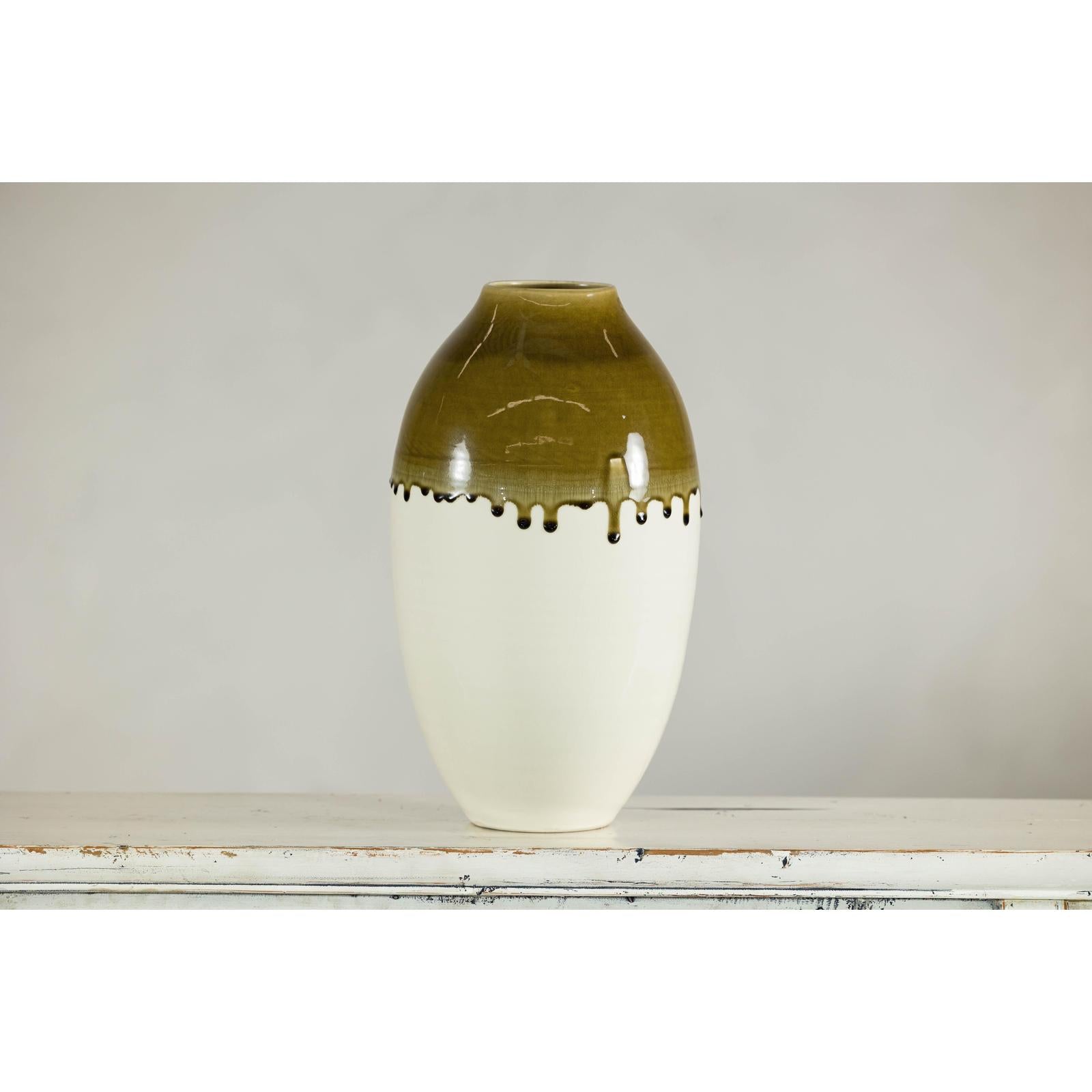 Tall Cream and Olive Glazed Artisan Vase with Expressive Drip Rim-3. Asian &amp; Chinese Furniture, Art, Antiques, Vintage Home Décor for sale at FEA Home