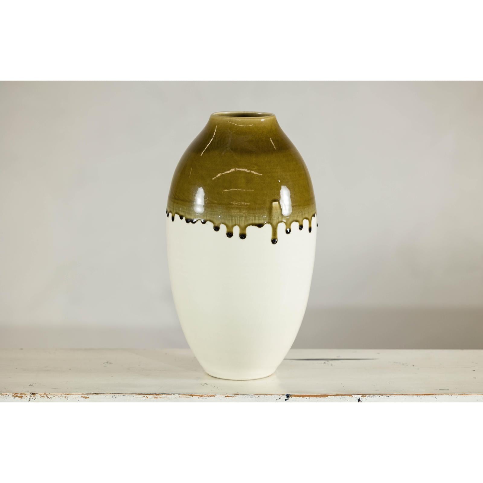 Tall Cream and Olive Glazed Artisan Vase with Expressive Drip Rim-4. Asian &amp; Chinese Furniture, Art, Antiques, Vintage Home Décor for sale at FEA Home